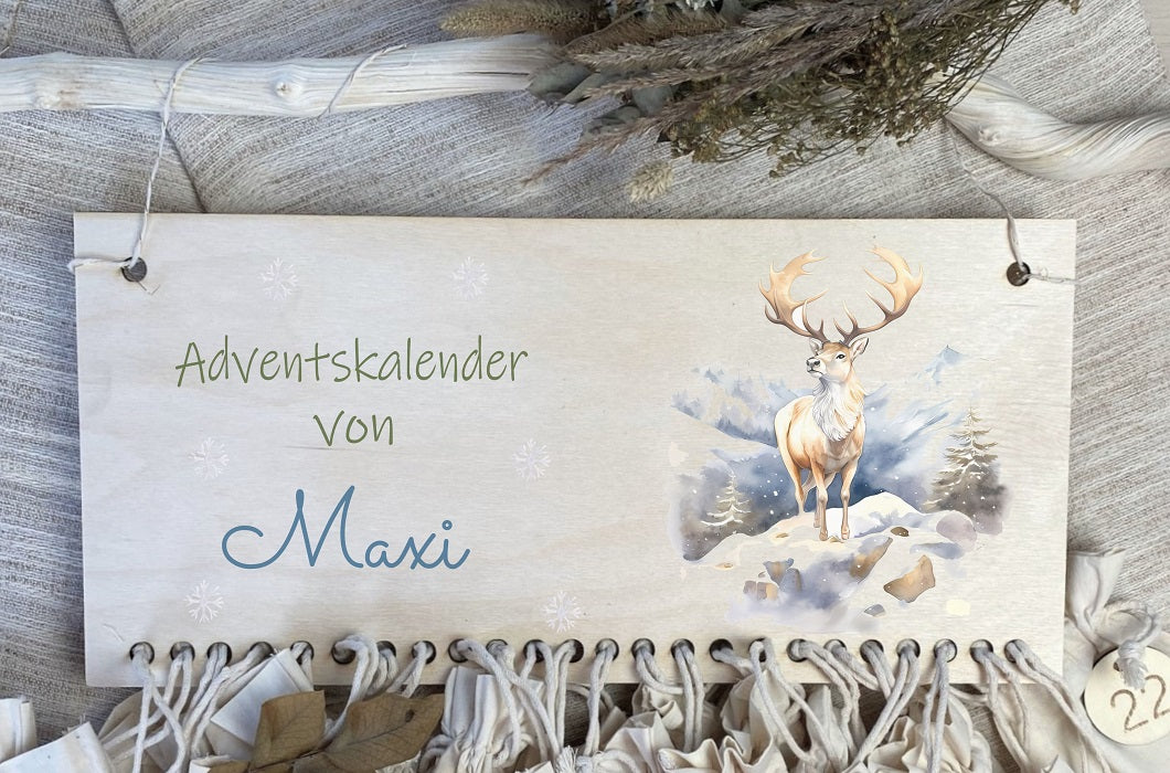 Adventskalender mit Namen und Stoffsäckchen Hirsch