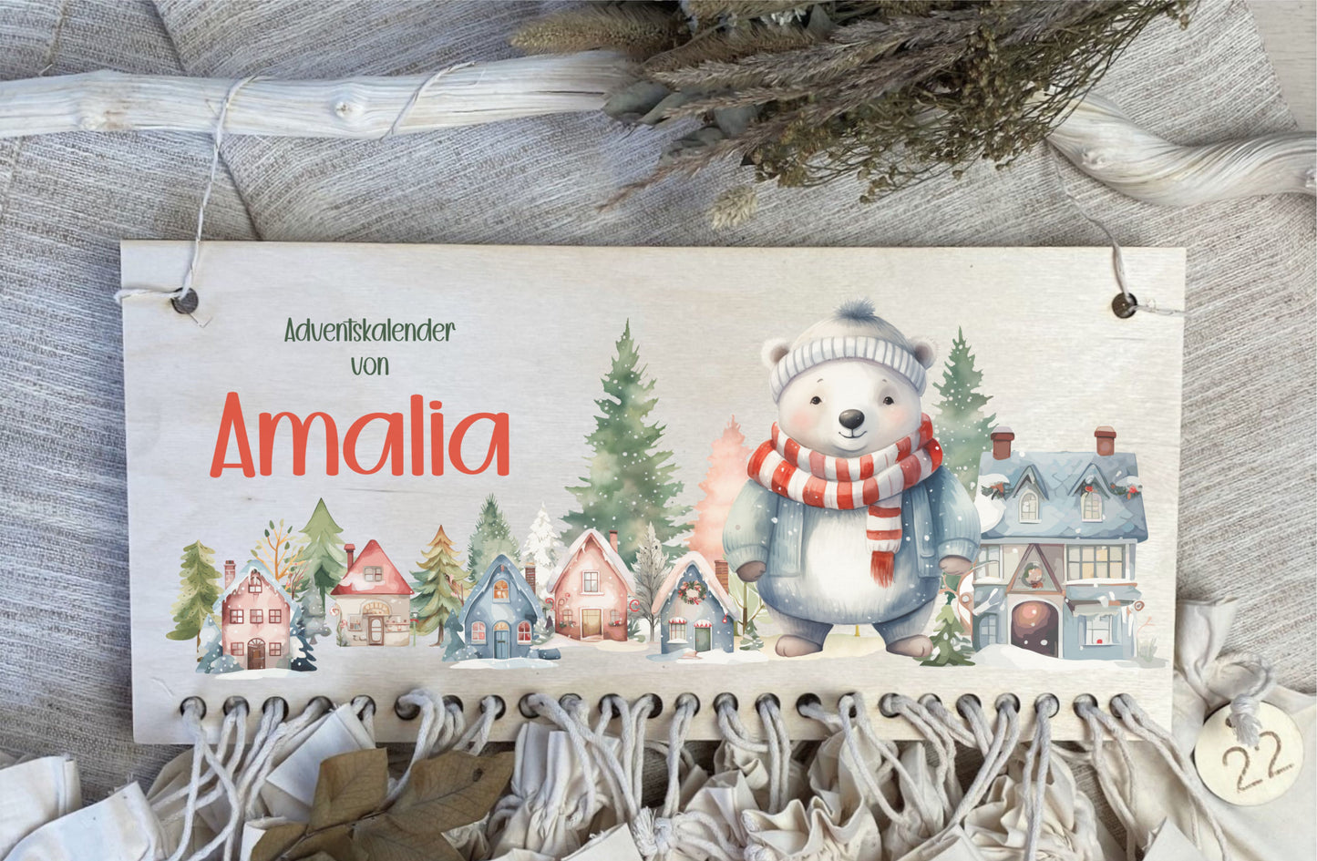 Adventskalender Leiste aus Holz und Stoffsäckchen Eisbär