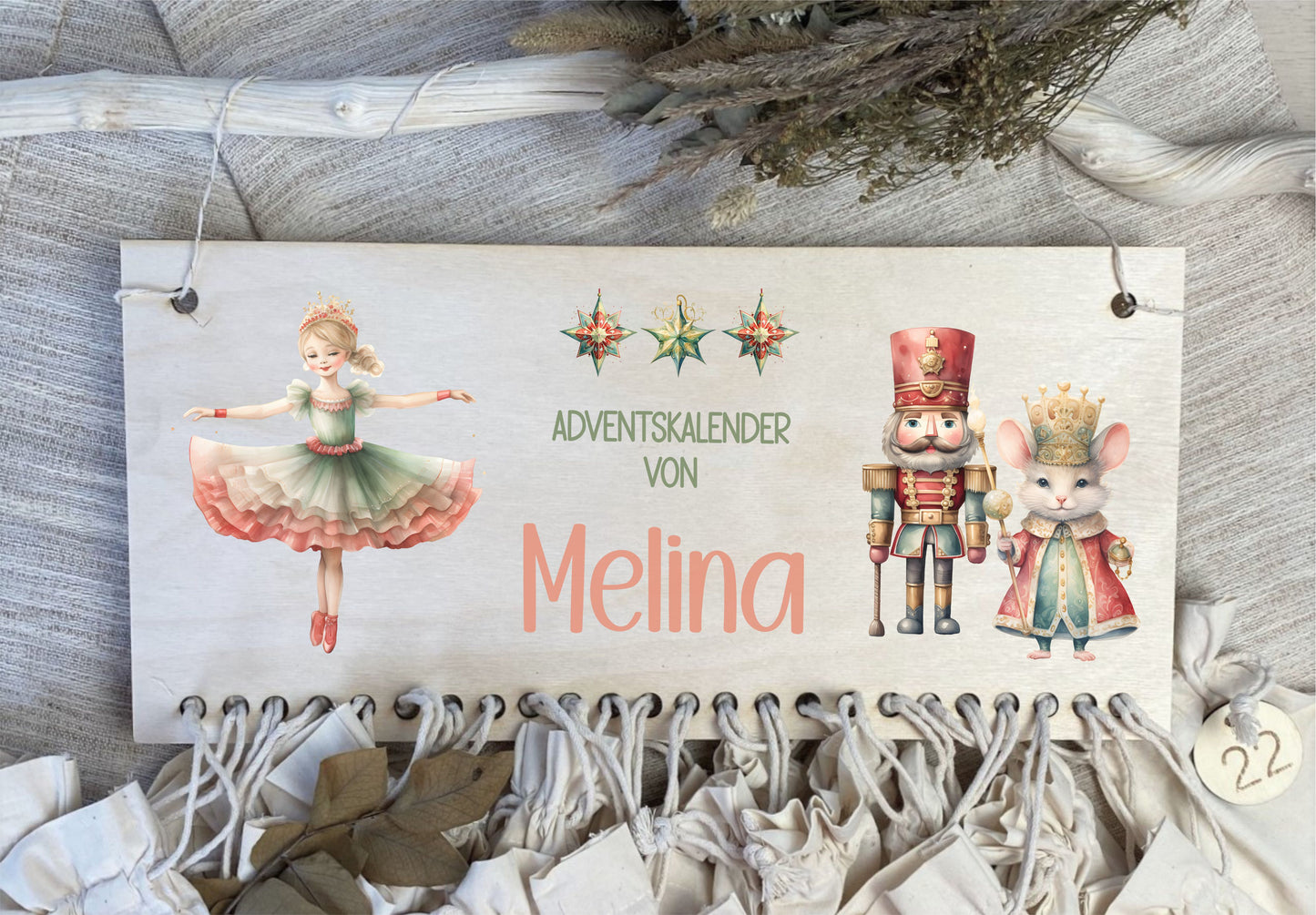 Adventskalender Leiste aus Holz und Stoffsäckchen Ballerina Nussknacker