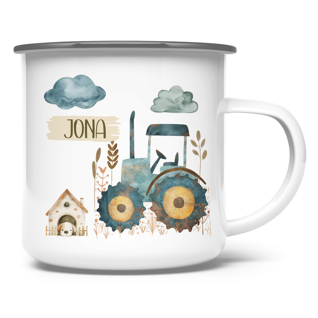 Emaille Tasse personalisiert – mit Bauernhof und Traktor-Motiv