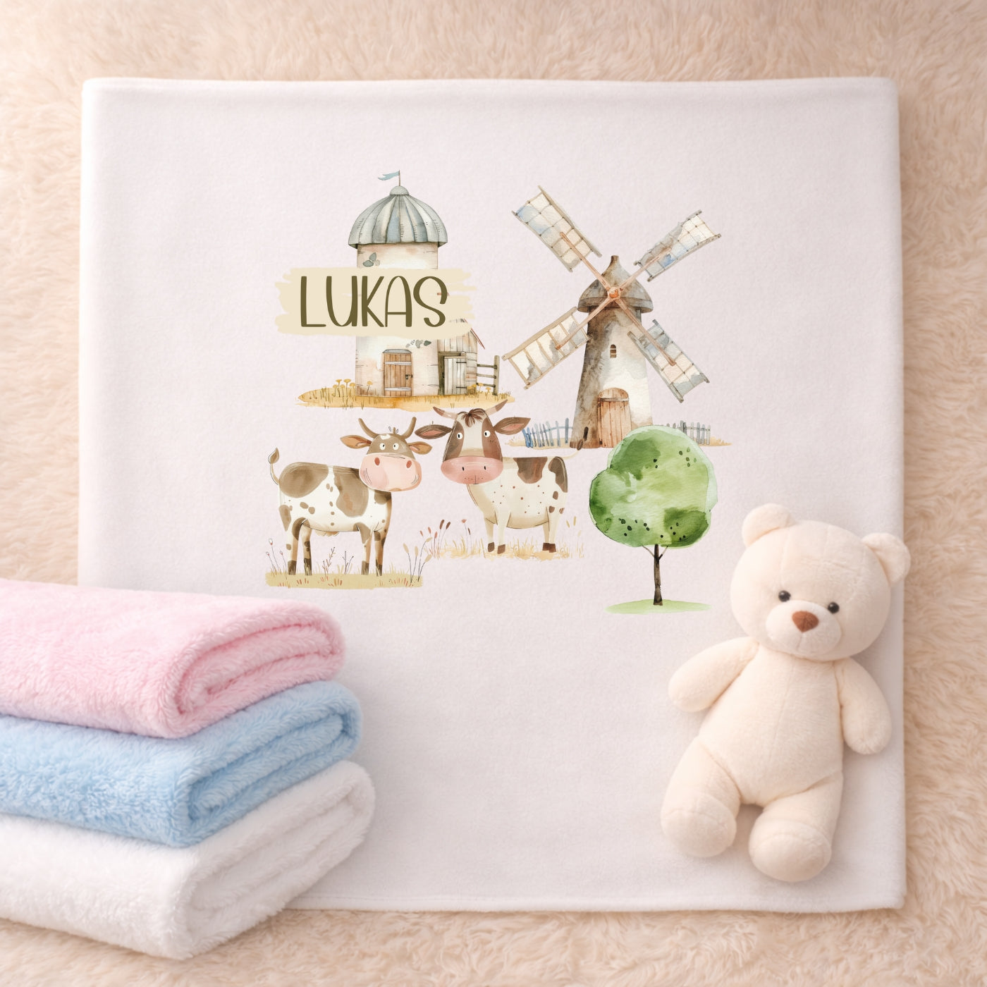 Personalisierte Babydecke mit Namen Bauernhof Kuscheldecke