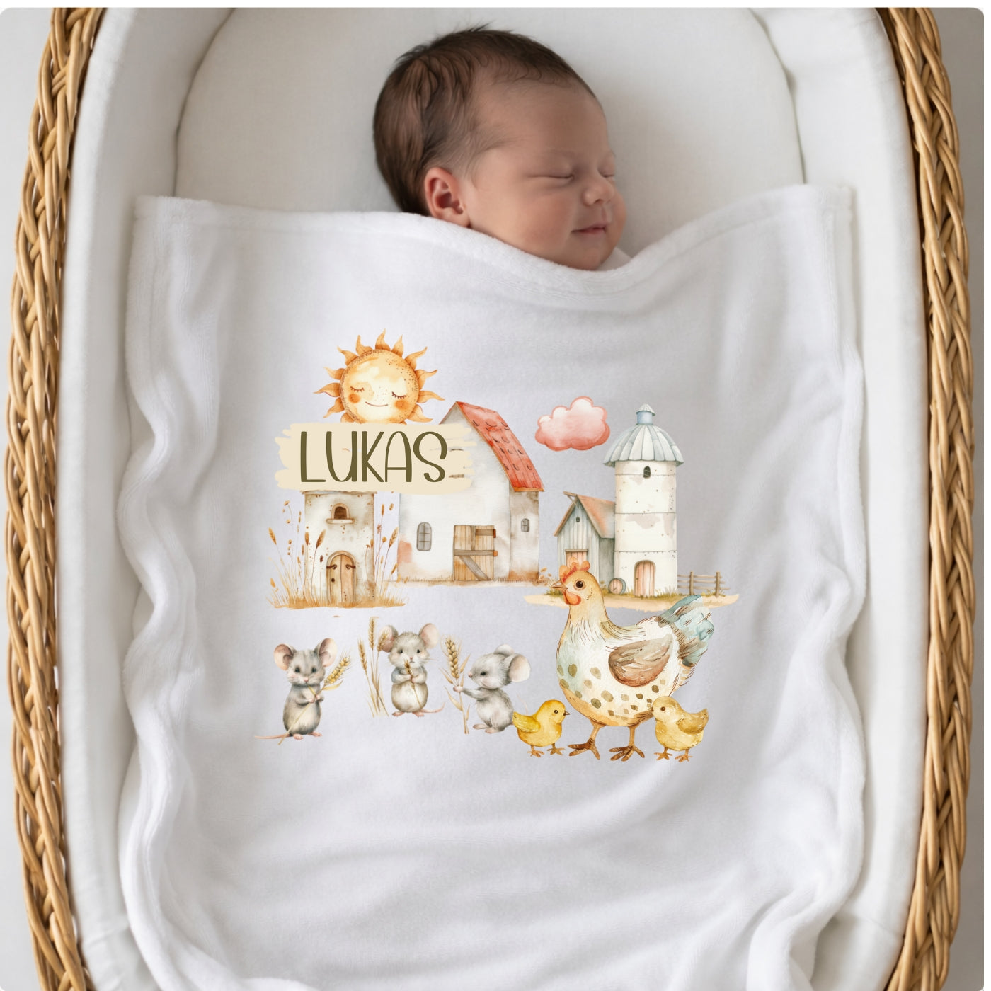 Personalisierte Babydecke mit Namen Bauernhof Kuscheldecke