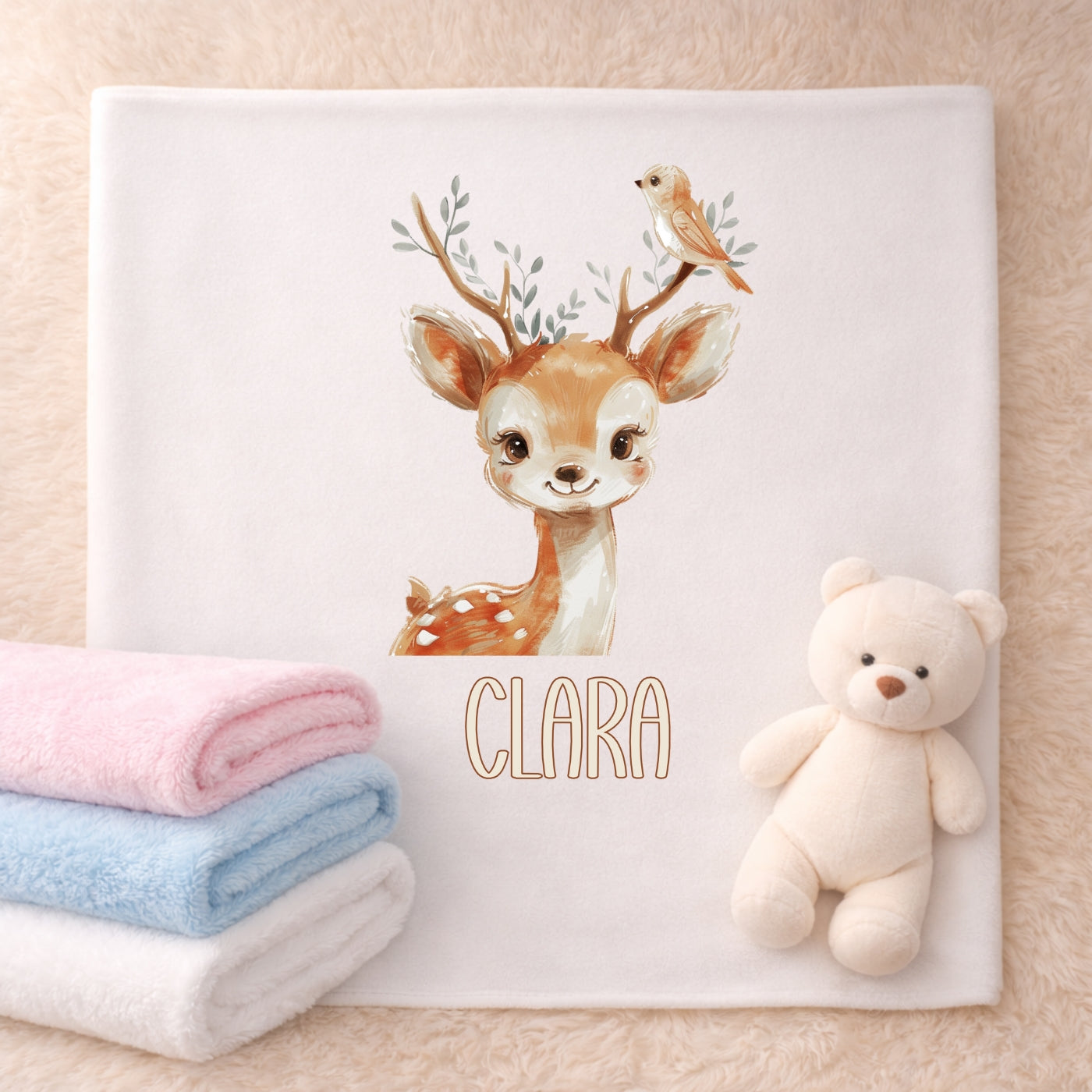 Personalisierte Babydecke mit Namen Tiere Beige Kuscheldecke