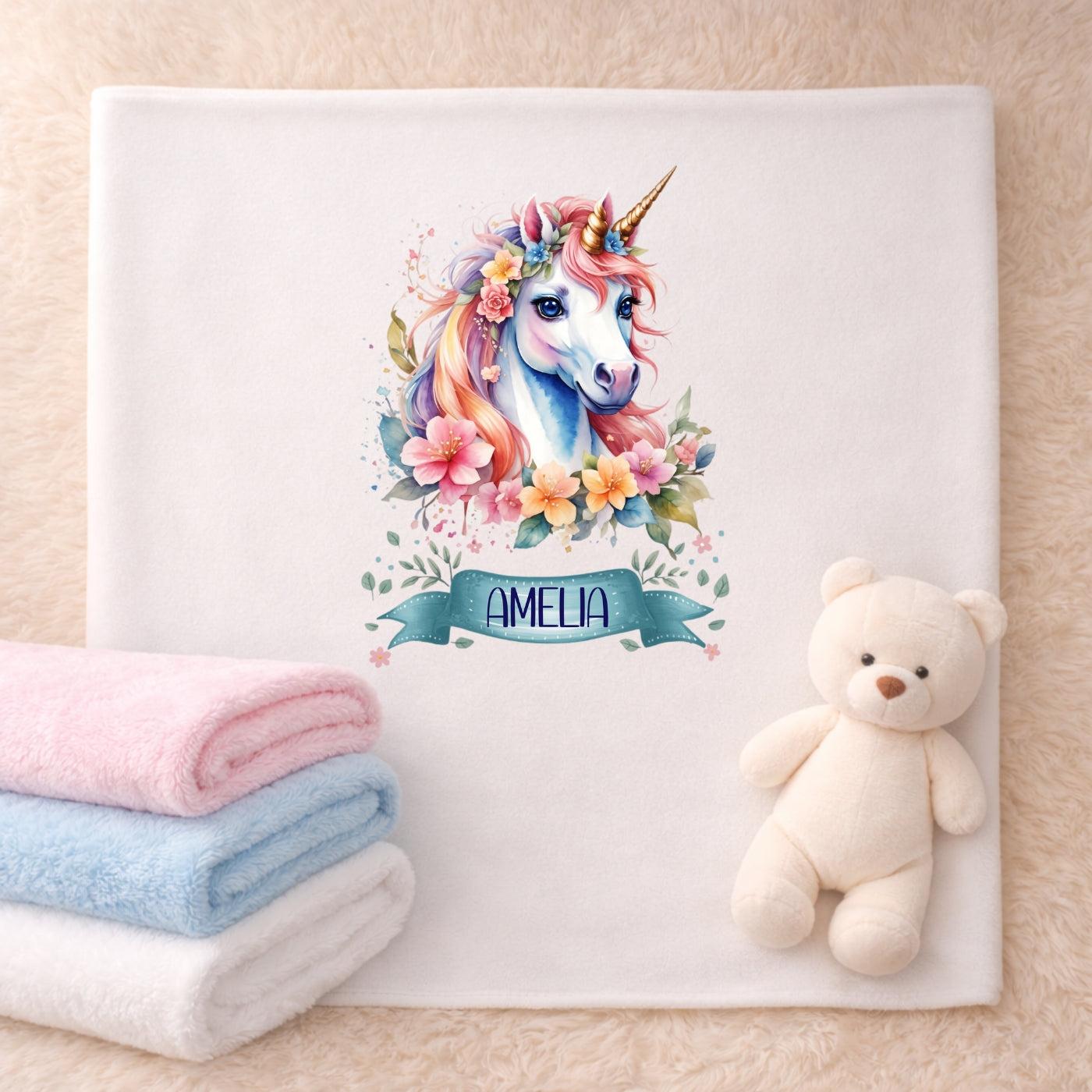 Personalisierte Babydecke mit Namen Einhorn Kuscheldecke