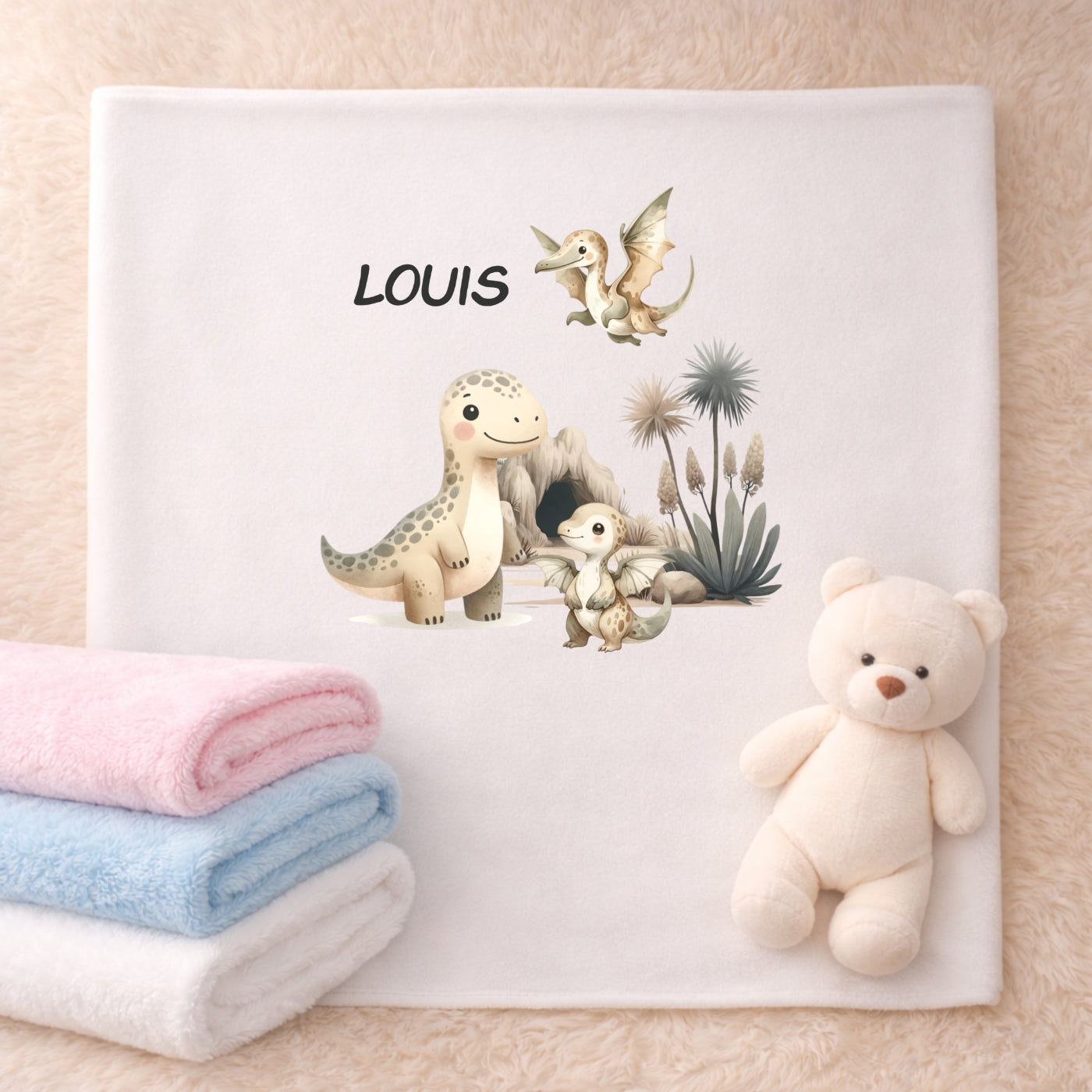 Personalisierte Babydecke mit Namen Dino Kuscheldecke