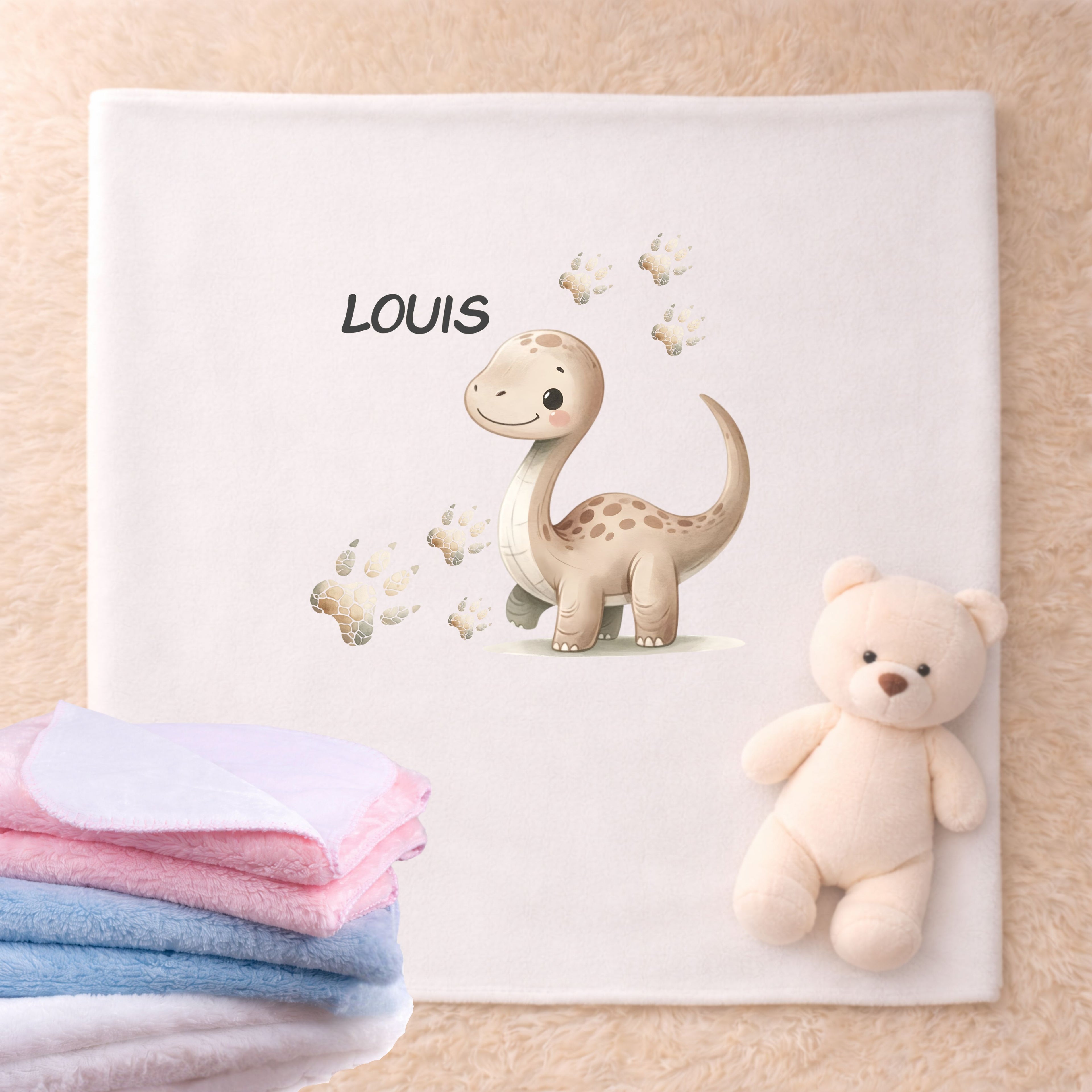 Kuscheldecke Baby Dino Motiv personalisiert als Geschenk zur Geburt oder Taufe