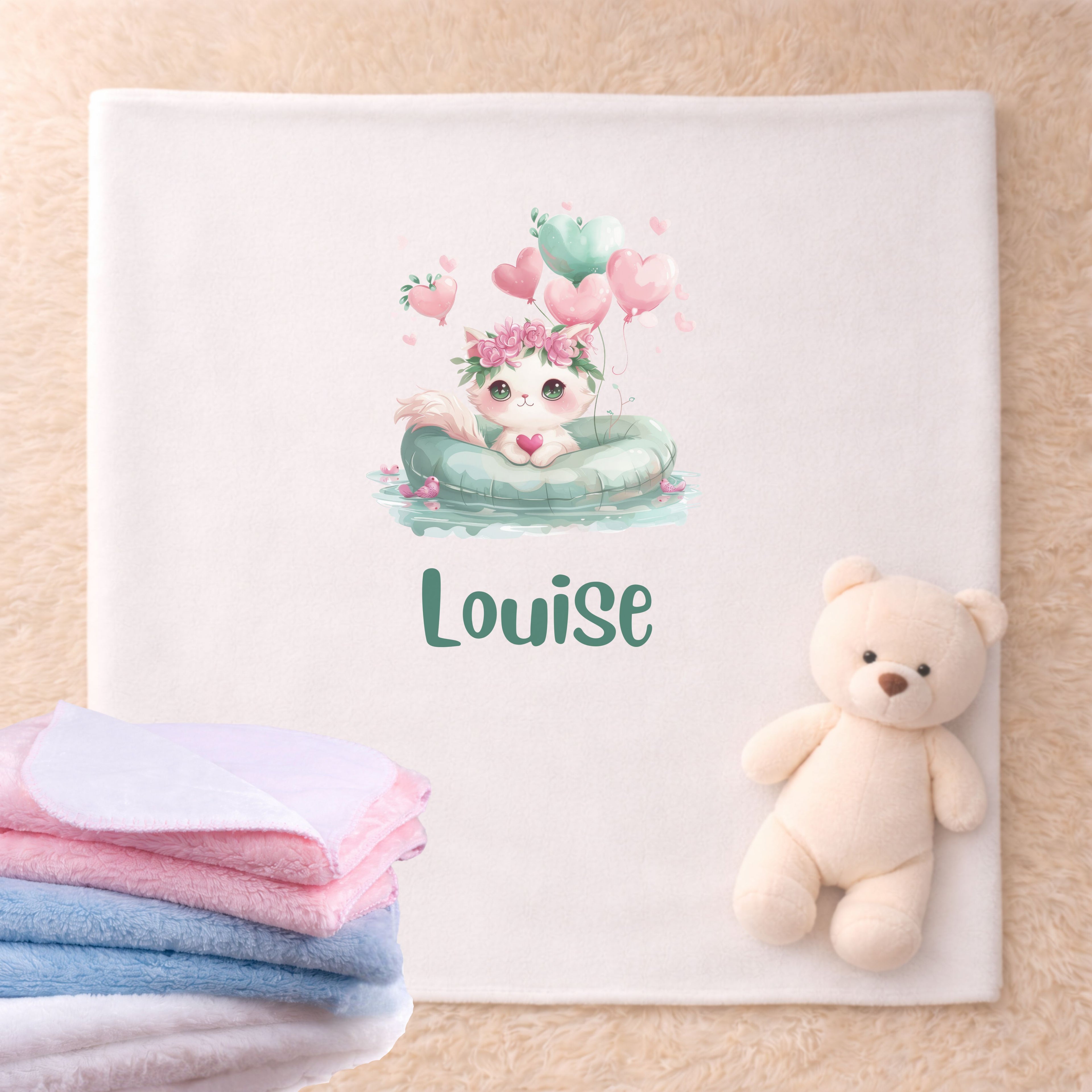 Kuscheldecke Baby Tiere grün Design personalisiert mit Namen ideales Geschenk zur Geburt