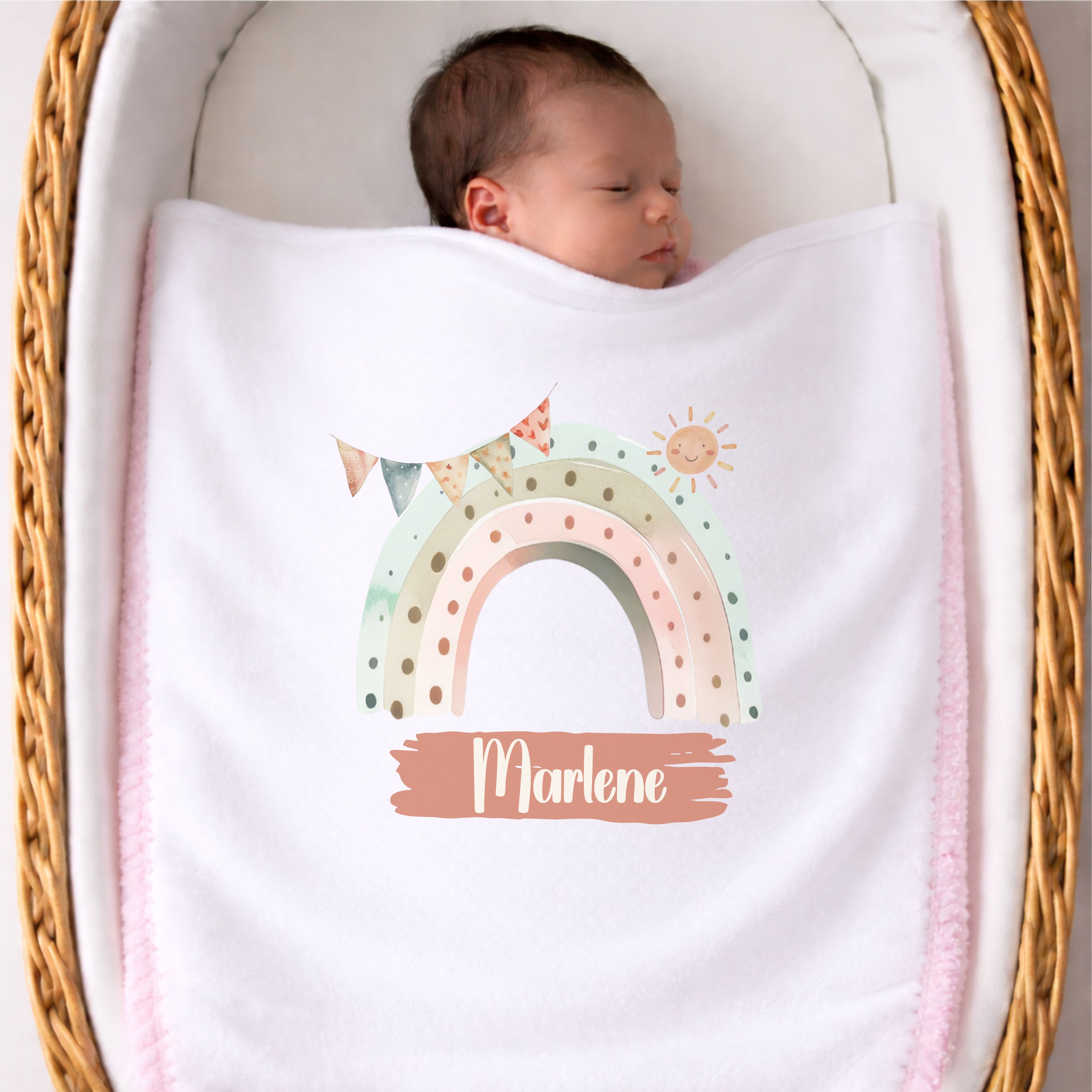 Kuscheldecke Baby Regenbogen Motiv personalisiert mit Namen ideales Geschenk zur Geburt
