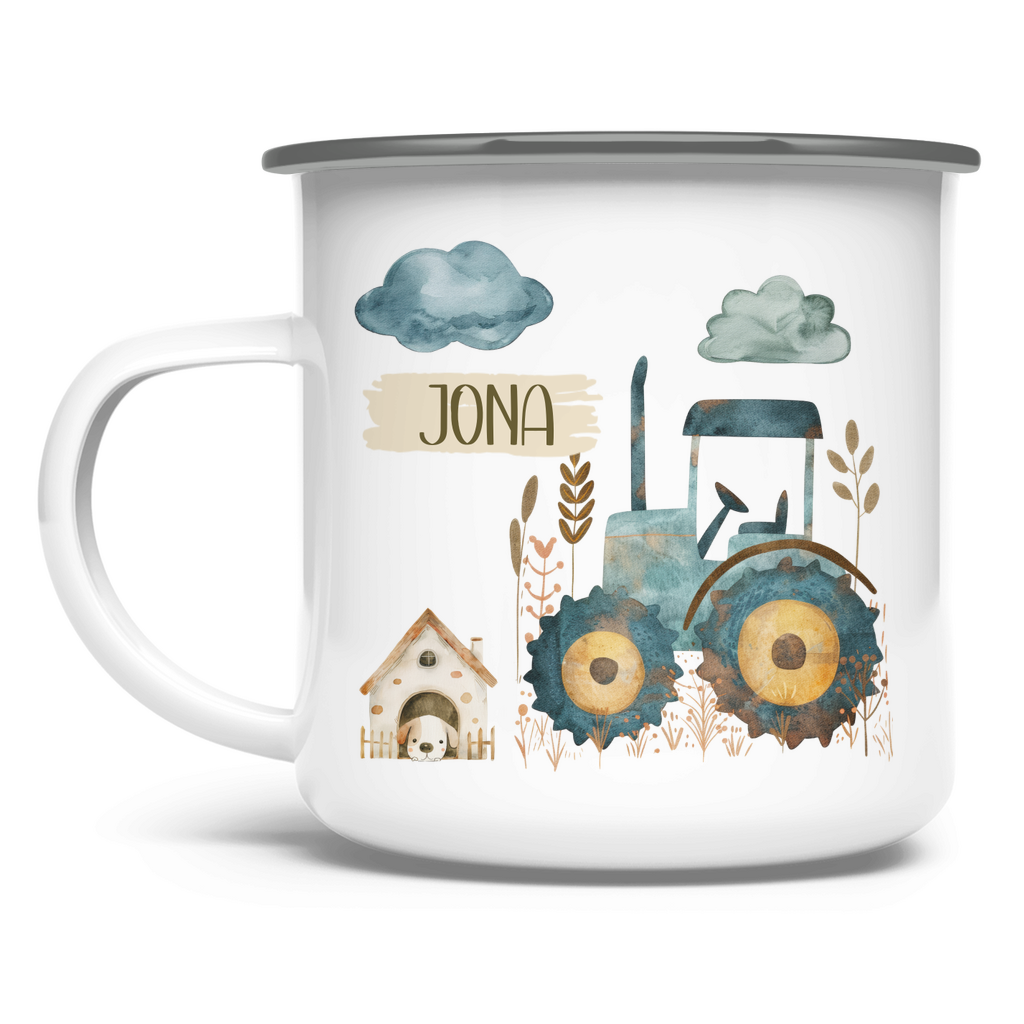 Emaille Tasse personalisiert – mit Bauernhof und Traktor-Motiv