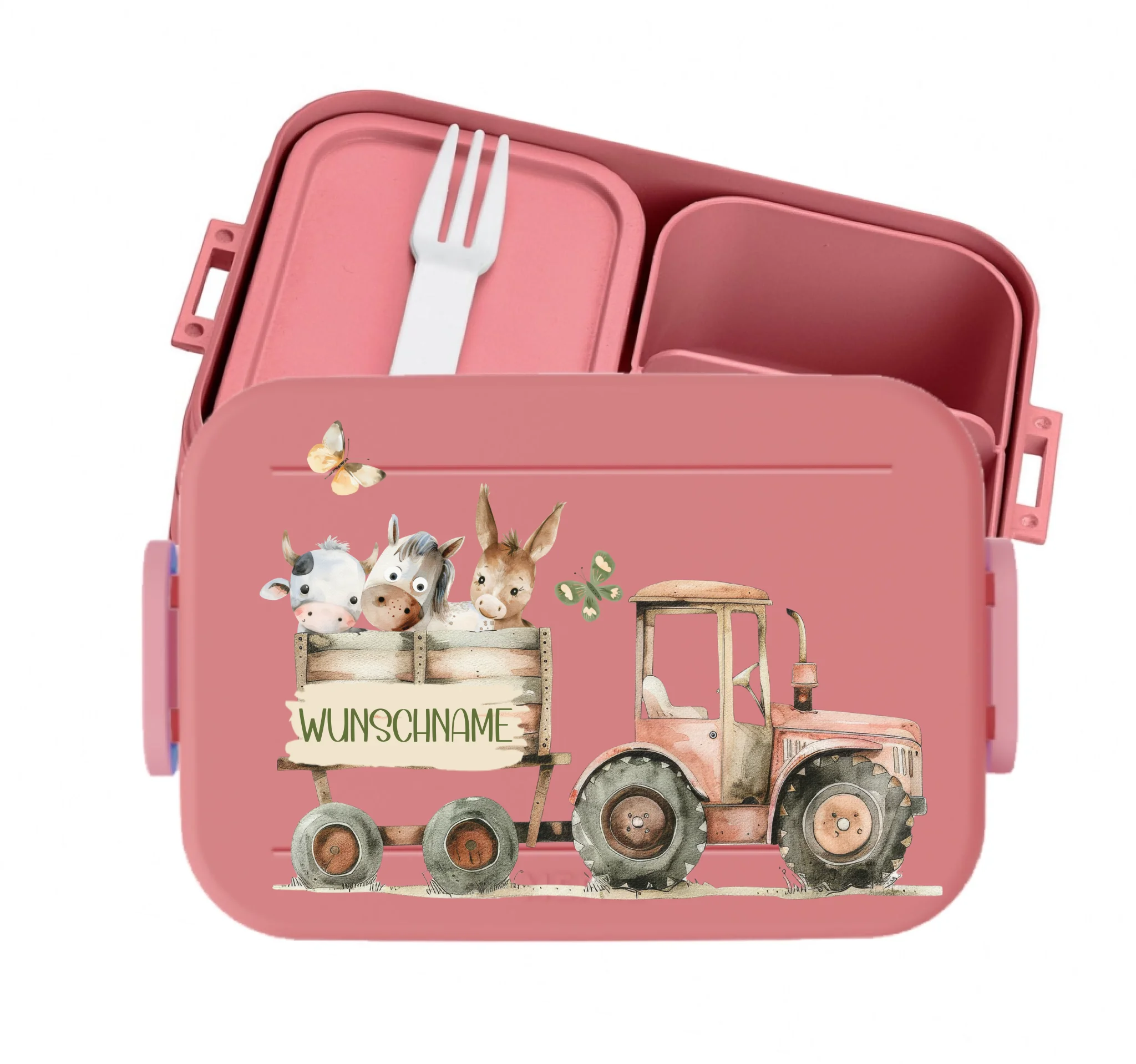 Personalisierte Brotdose Kinder Bauernhof-Motiv mit Traktor & Tieren – Kunststoff Lunchbox mit Name