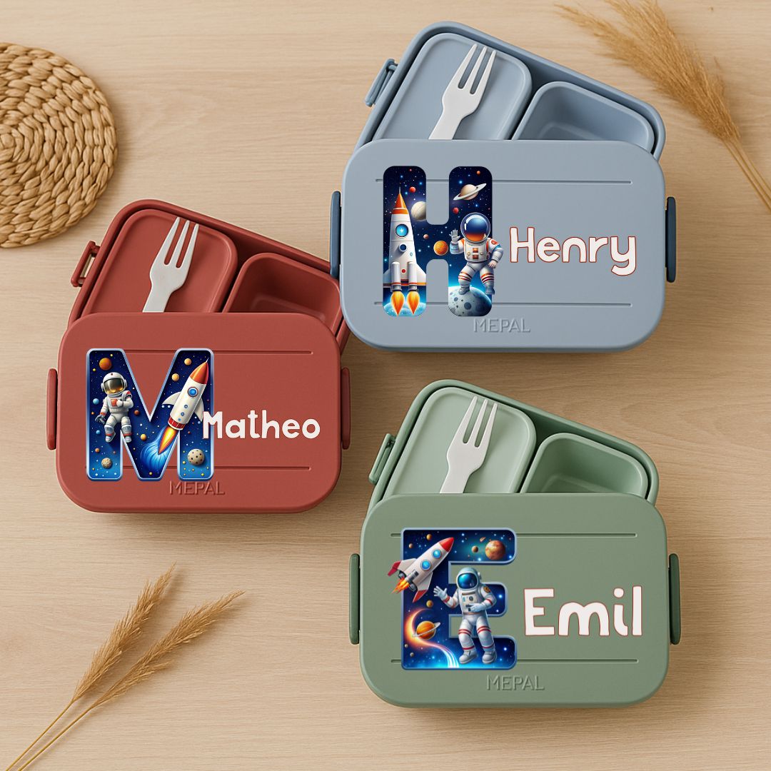 Personalisierte Brotdose mit Namen und Astronaut-Motiv für Kinder