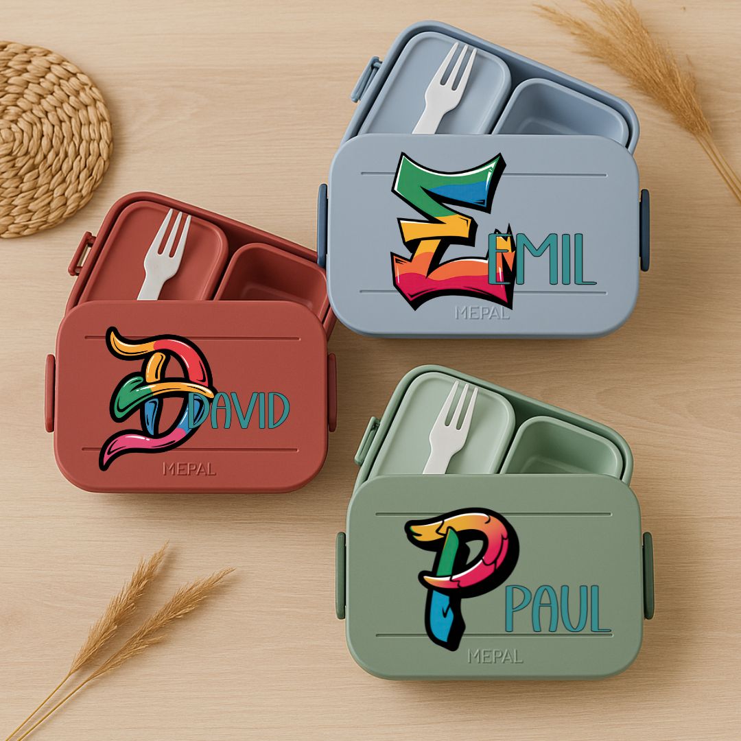 Personalisierte Brotdose mit Namen und Graffiti-Motiv für Kinder