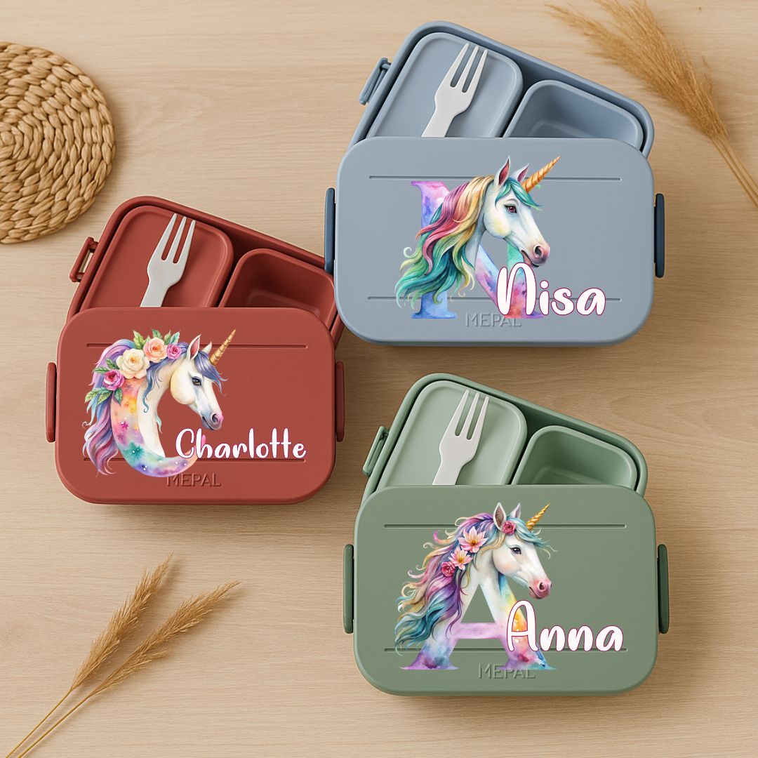 Personalisierte Brotdose mit Namen und Einhorn-Motiv für Kinder