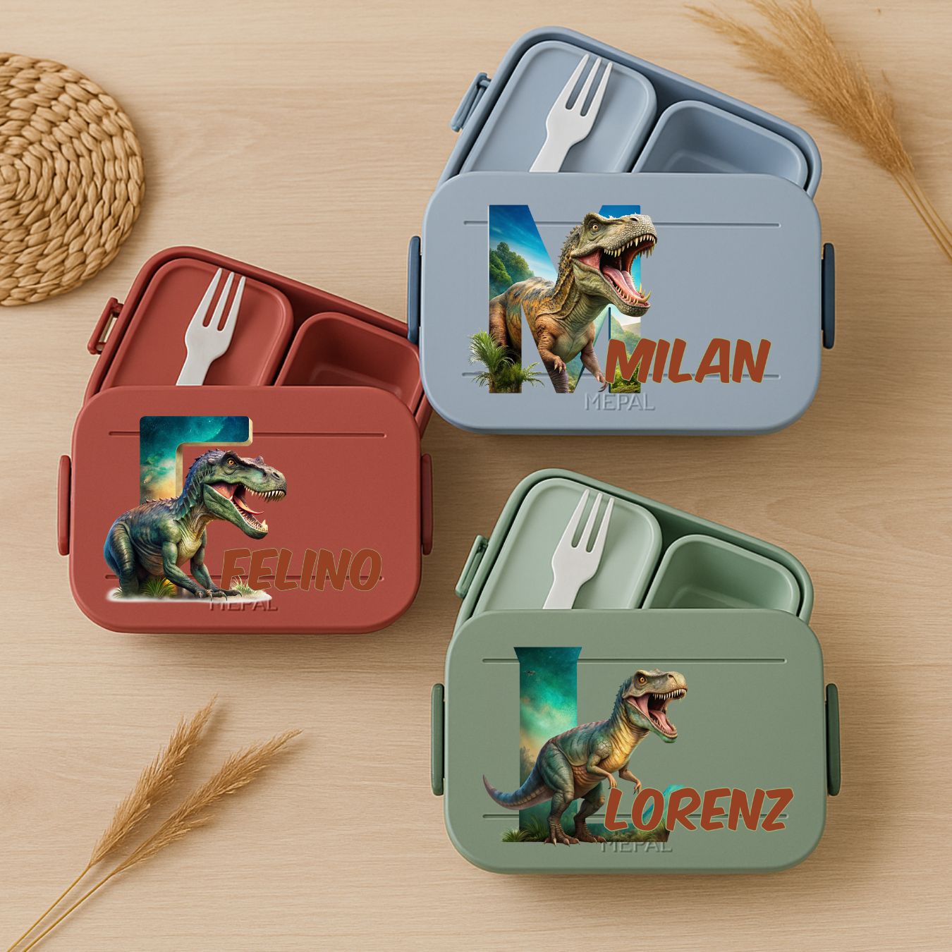 Personalisierte Brotdose mit Namen und T-Rex-Motiv für Kinder
