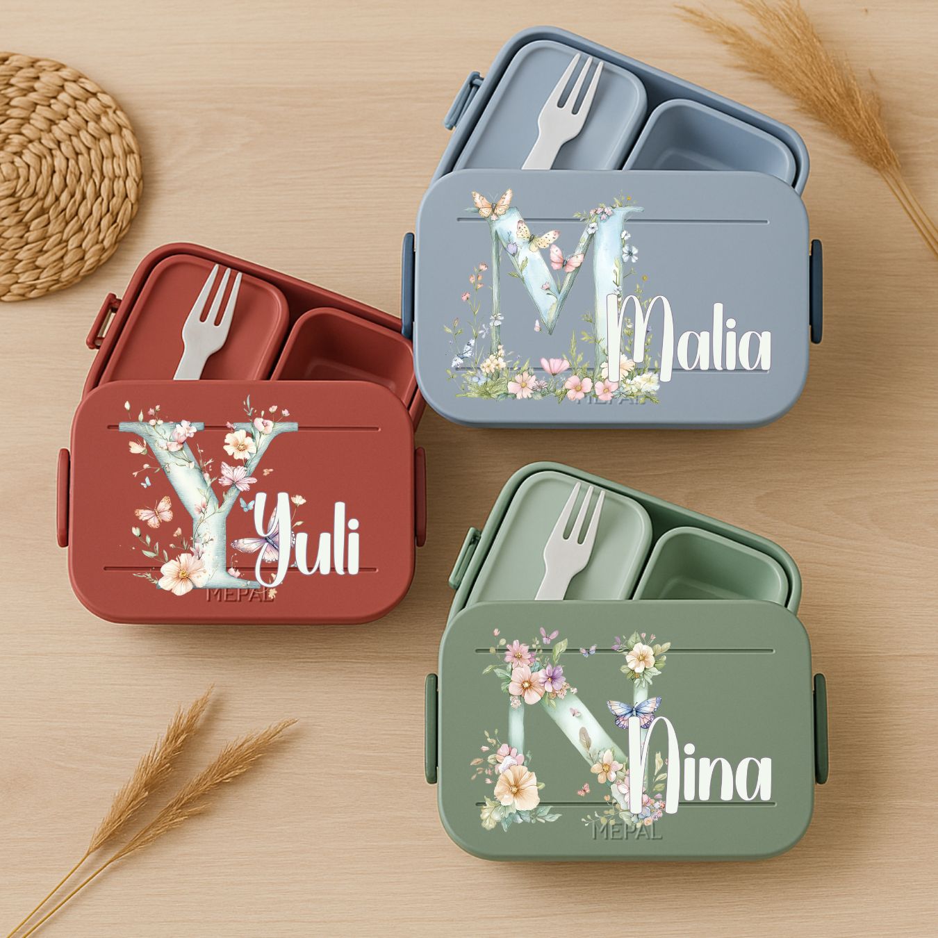 Brotdose personalisiert Kinder mit Blumen Design für Kindergarten