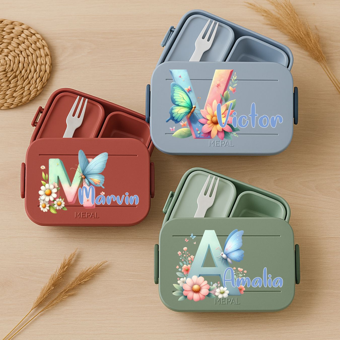 Personalisierte Brotdose mit Namen und Schmetterling Motiv für Kinder