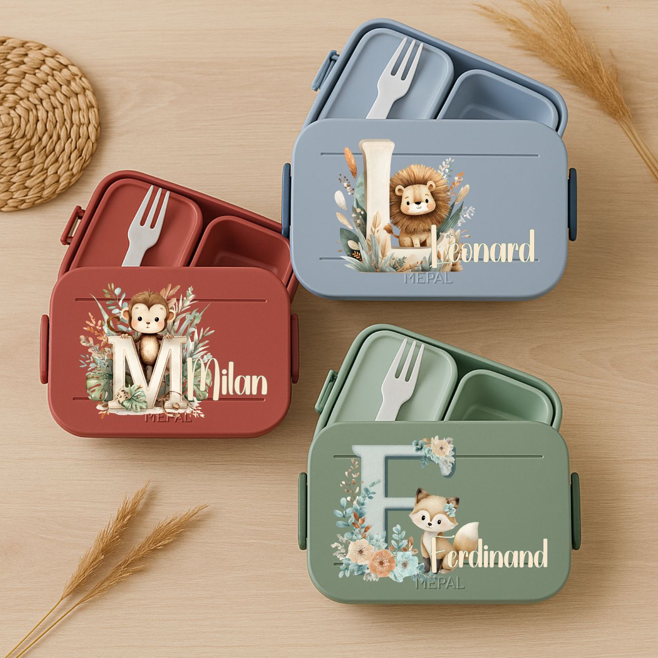 Personalisierte Brotdose mit Namen und Tiere Motiv für Kinder