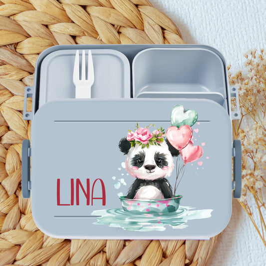 personalisierte Lunchbox blau mit Bentoeinsatz und süßen Tiermotiven - Panda, Schildkröte, Katze, Hase