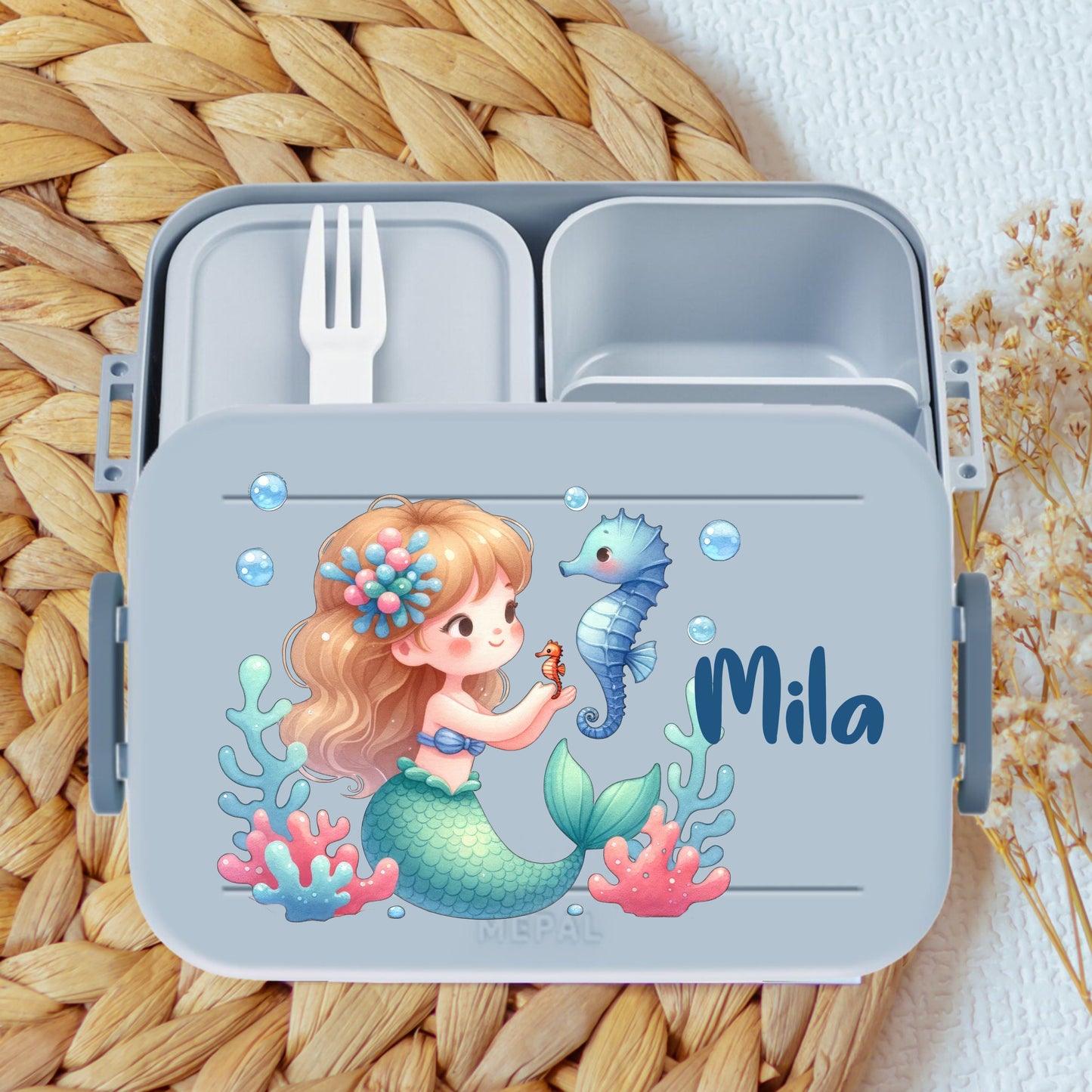 Bento Pausenbox blau Namen und Mädchen Motiven - Fee, Meerjungfrau, Balerina, Prinzessin