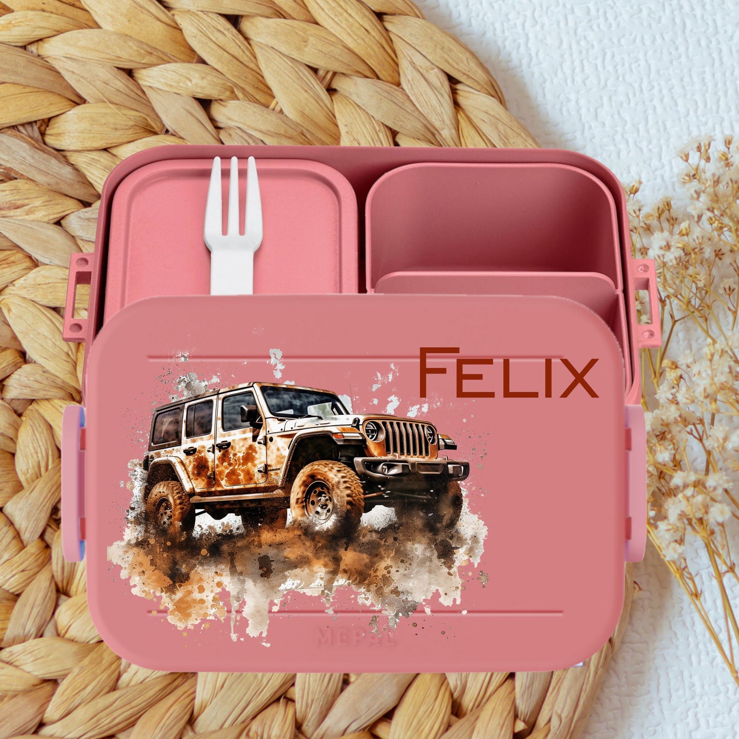 Bento Brotdose mit Auto Motiven und Namen rosa