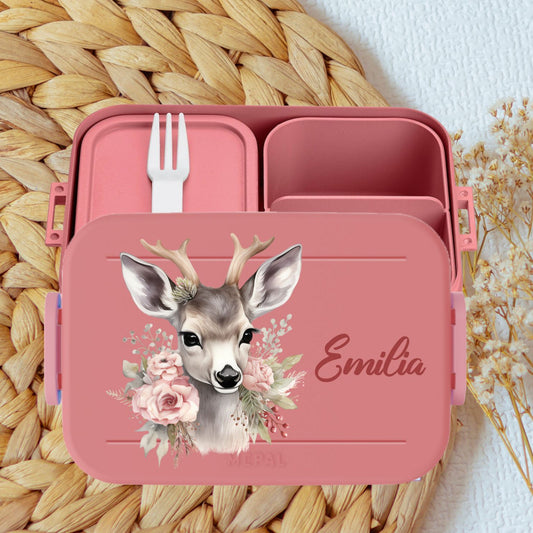 Bento Lunchbox rosa mit Namen und winterlichen Waldtiere Motiven - Elch Weihnachtsmann Pinguin