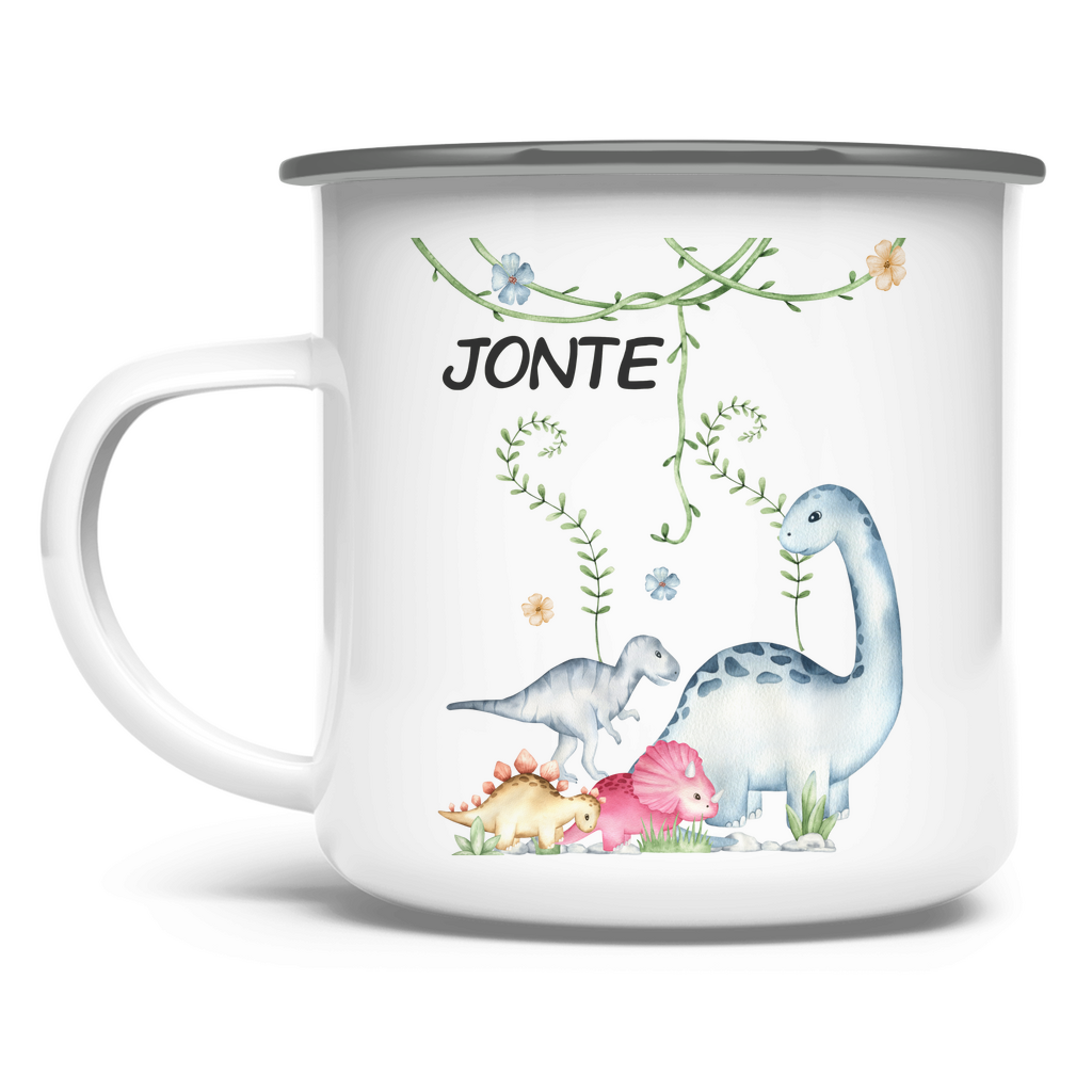 Emaille Tasse personalisiert – Kindertasse mit Namen und Dinosaurier
