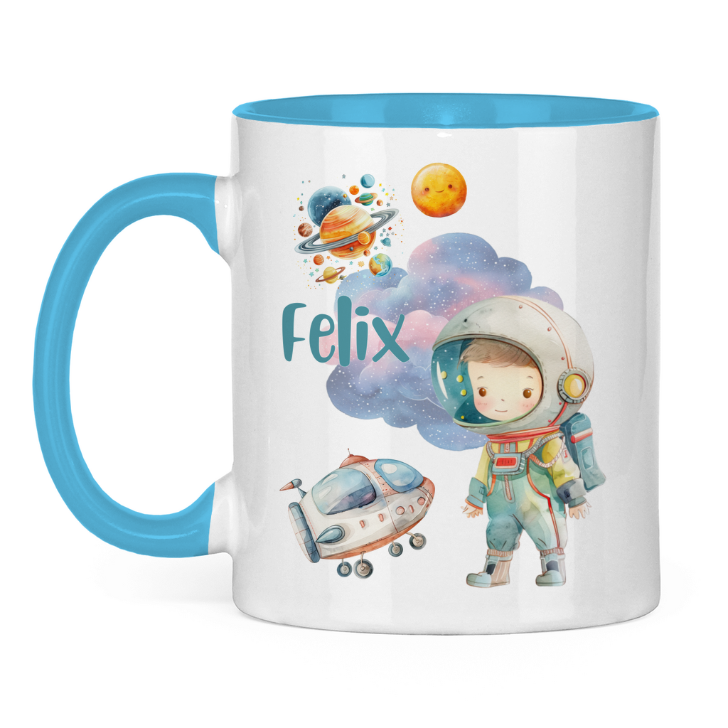 Kindertasse personalisiert – Keramiktasse mit Weltall, Rakete und Namen