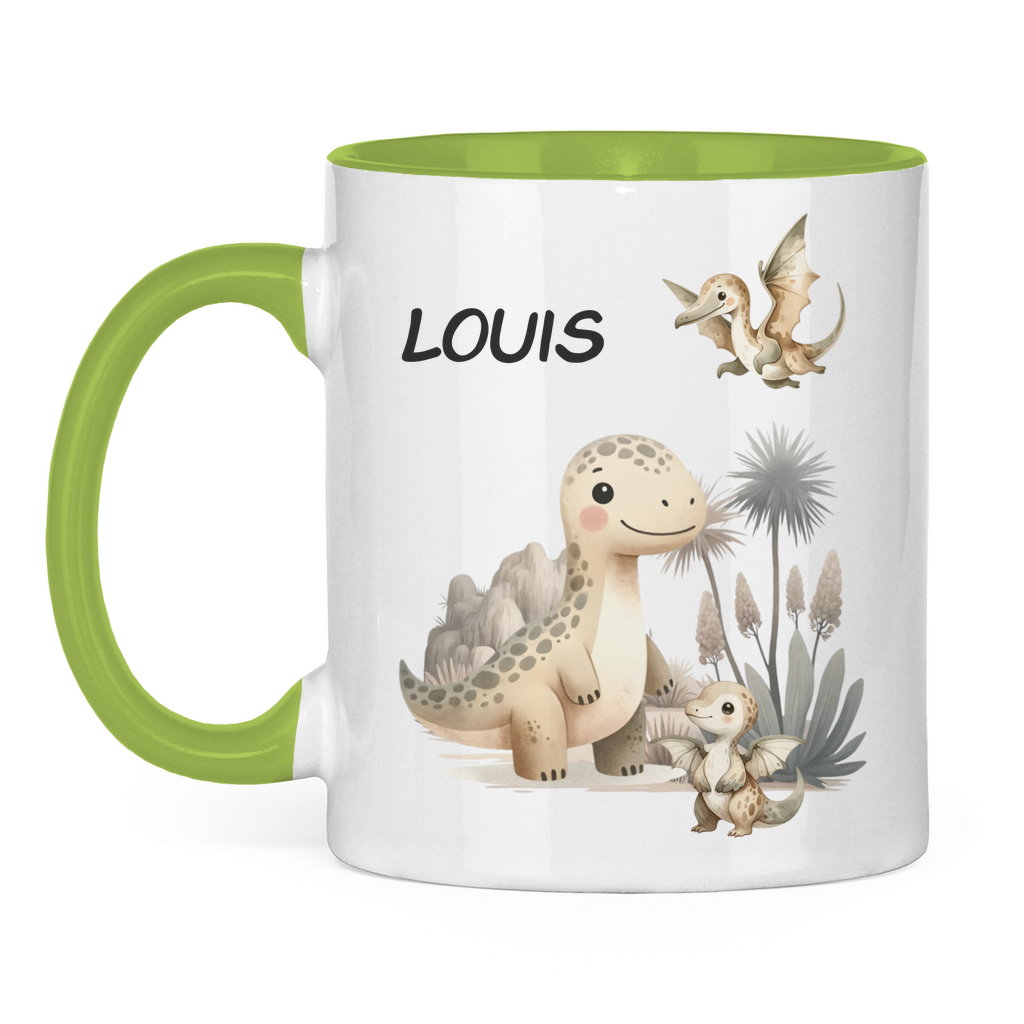 Kindertasse personalisiert – Keramiktasse mit Dinosaurier und Namen für Kinder