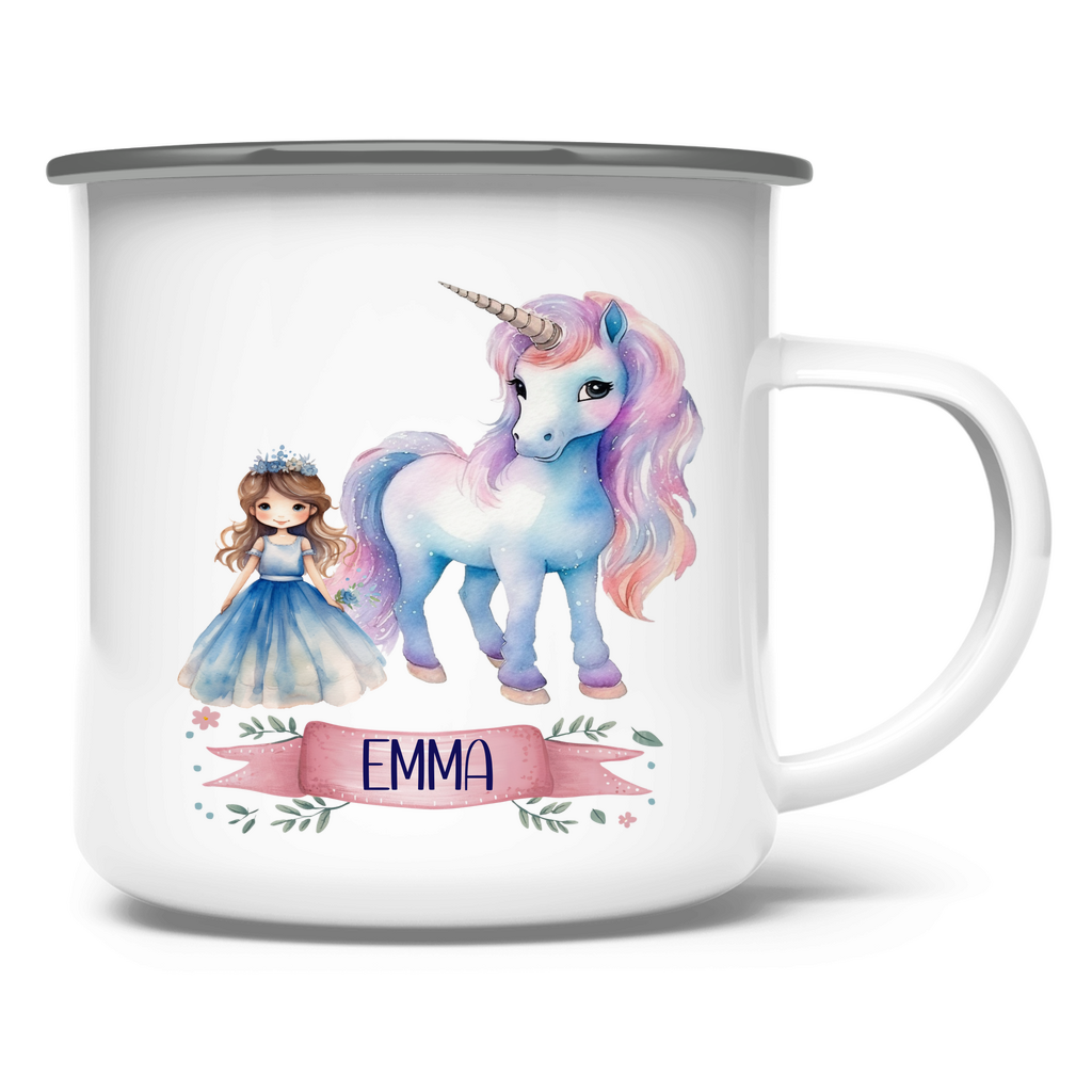 Emaille Tasse personalisiert – Kindertasse mit Einhorn und Namen