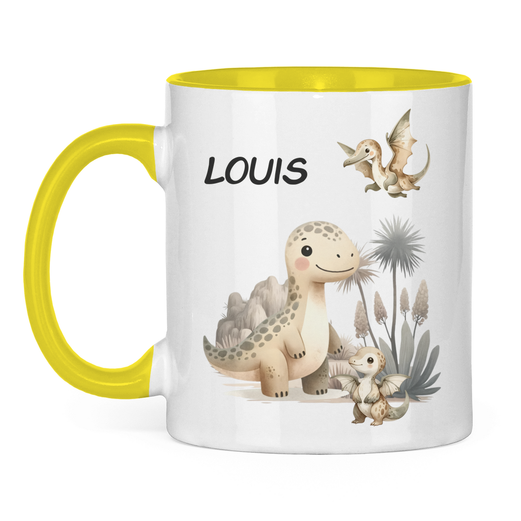 Kindertasse personalisiert – Keramiktasse mit Dinosaurier und Namen für Kinder