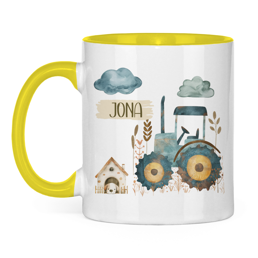 Kindertasse personalisiert – Keramiktasse mit Traktor und Namen für Kinder