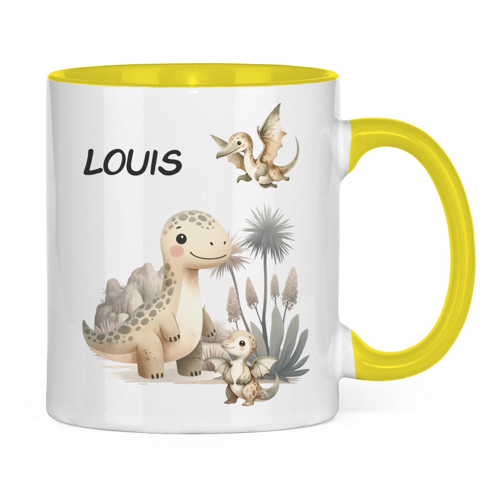 Kindertasse personalisiert – Keramiktasse mit Dinosaurier und Namen für Kinder