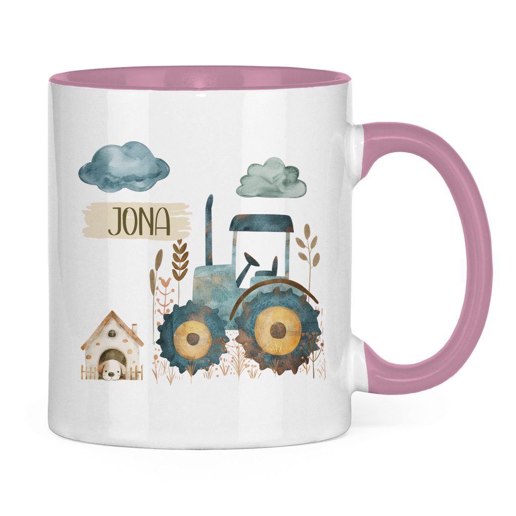 Kindertasse personalisiert – Keramiktasse mit Traktor und Namen für Kinder
