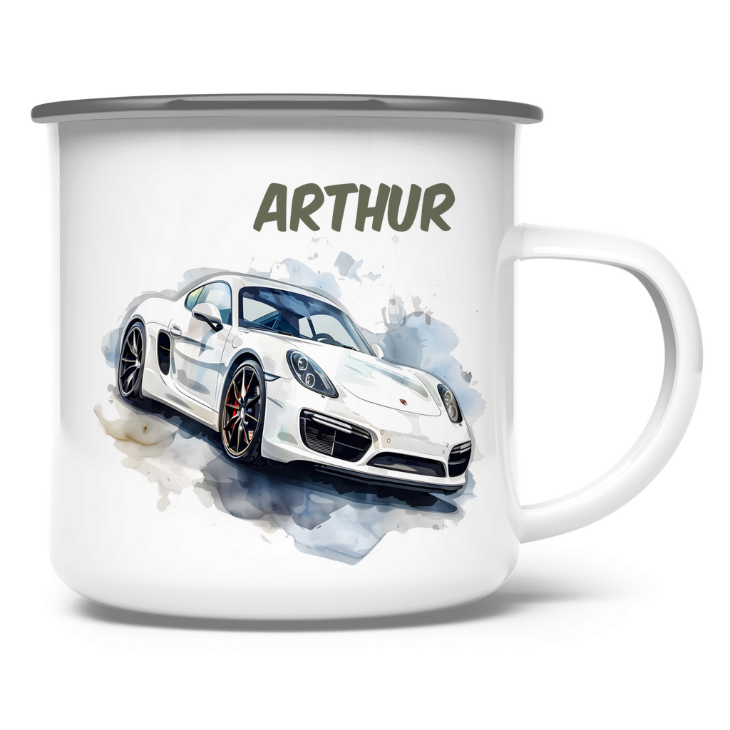Emaille Tasse personalisiert – Kindertasse mit Namen und Rennwagen