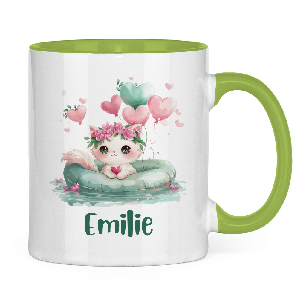 Kindertasse personalisiert – Keramiktasse mit grünen Tieren und Namen