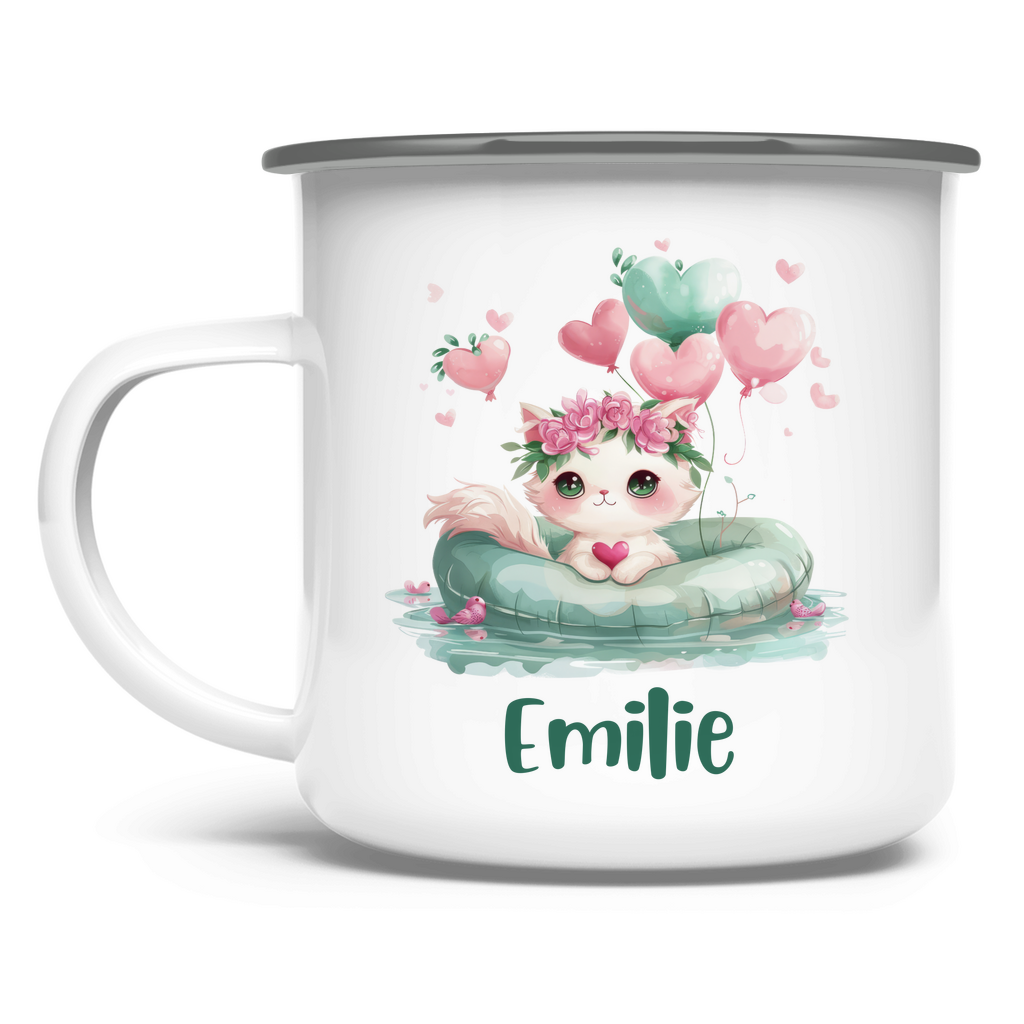 Emaille Tasse personalisiert – Kindertasse mit Namen und grünen Tiermotiven