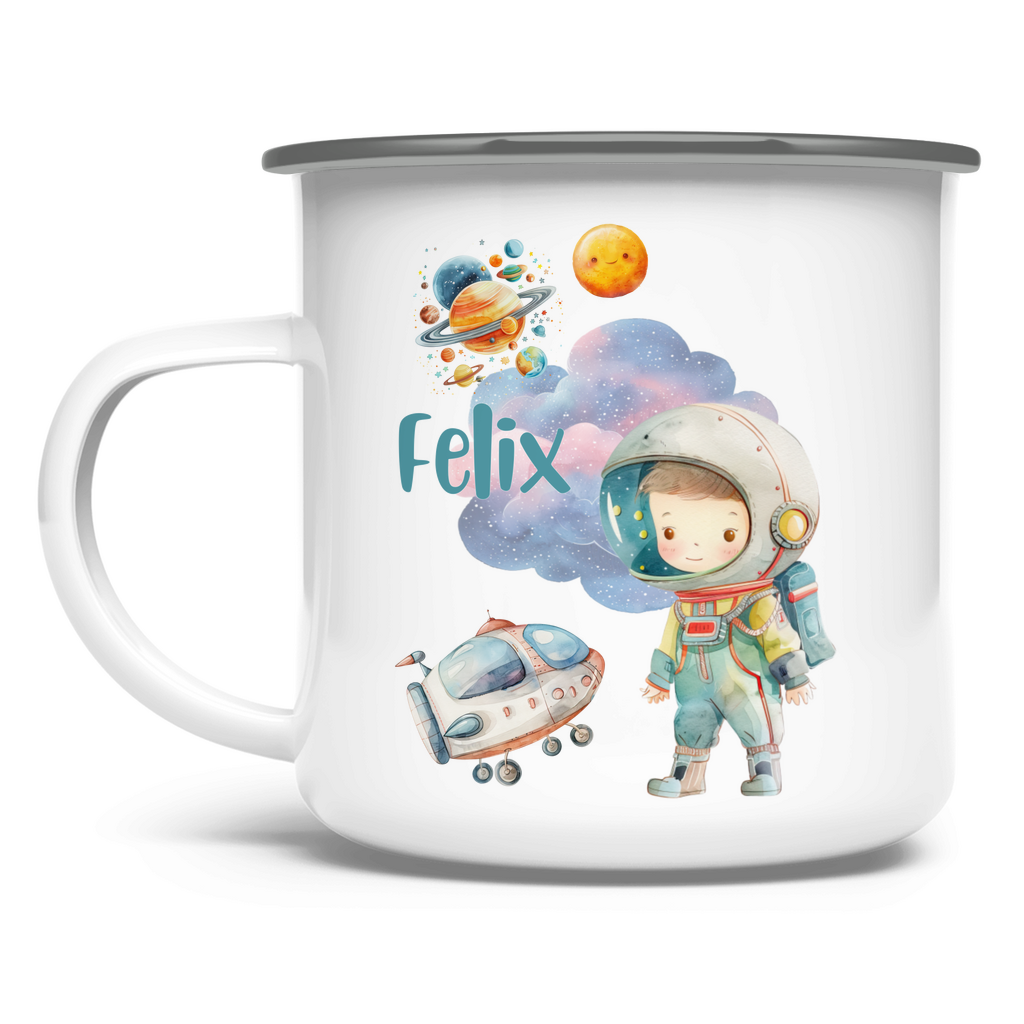 Emaille Tasse personalisiert – Kindertasse mit Namen und Weltall-Motiv