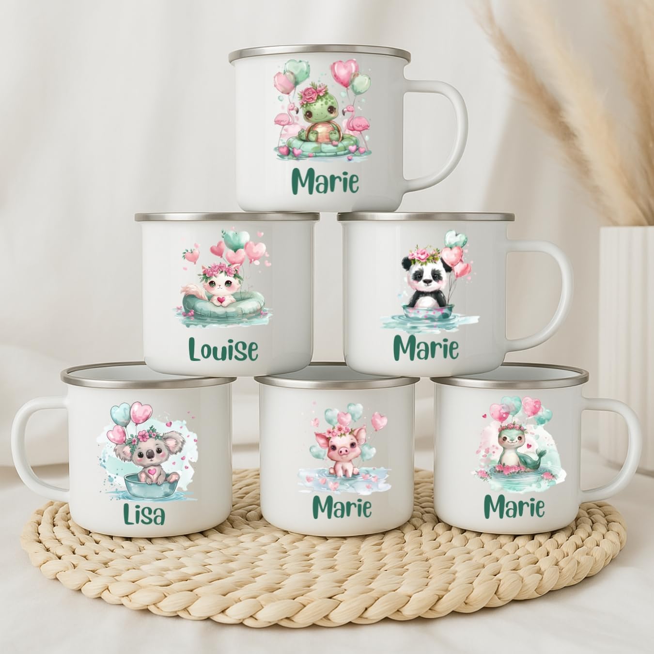 emaille-tasse-gruene-tierchen-mit-namen-kind-personalisiert