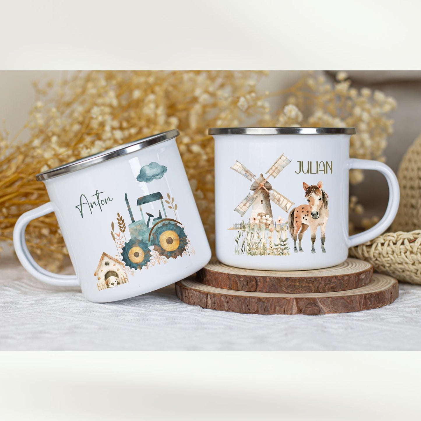 Kindertasse Campingbecher bruchsicher mit Bauernhof Motiven und Namen - Trekker, Kuh, Pferd, Maus