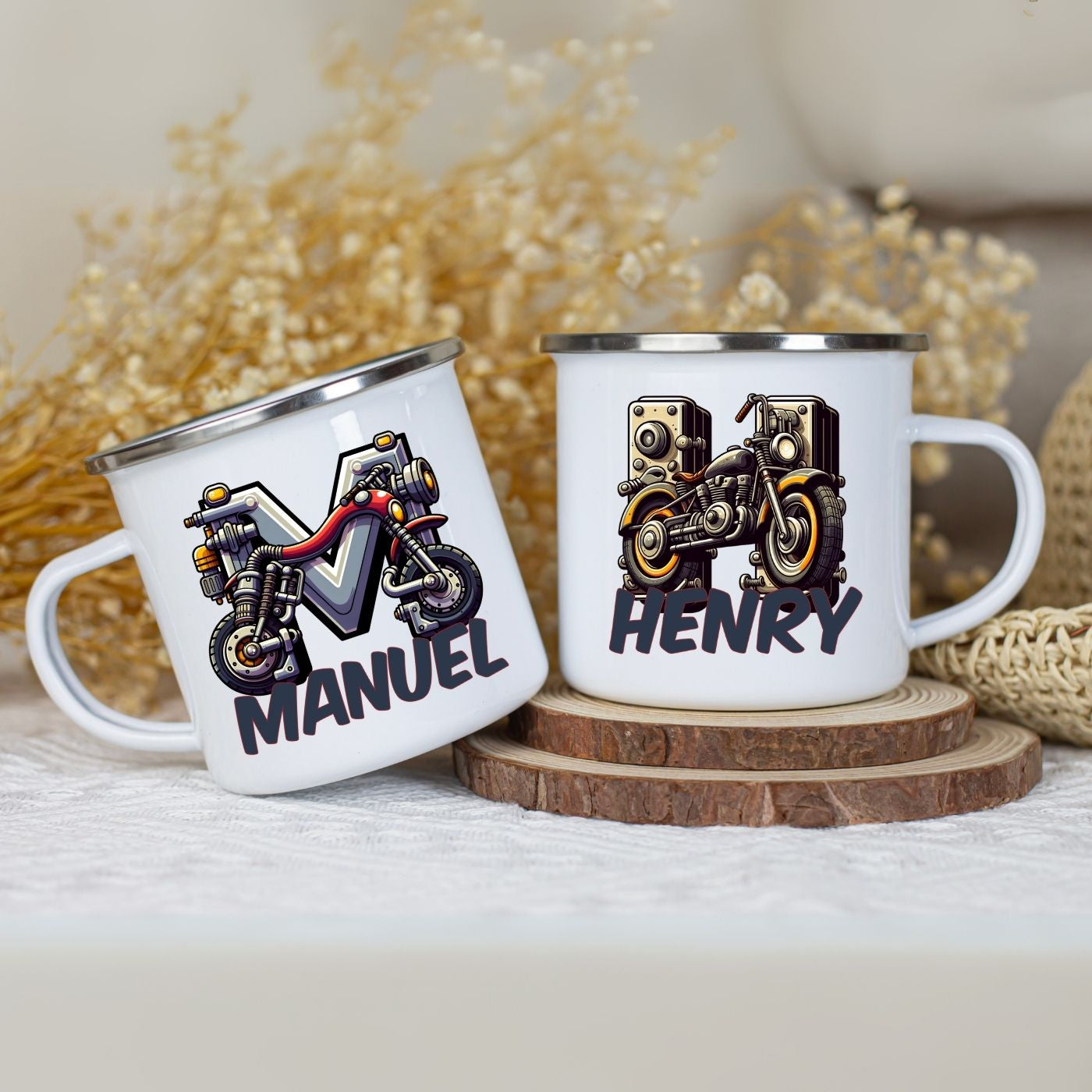 Emaille Becher mit Name personalisiert im Motorrad Design