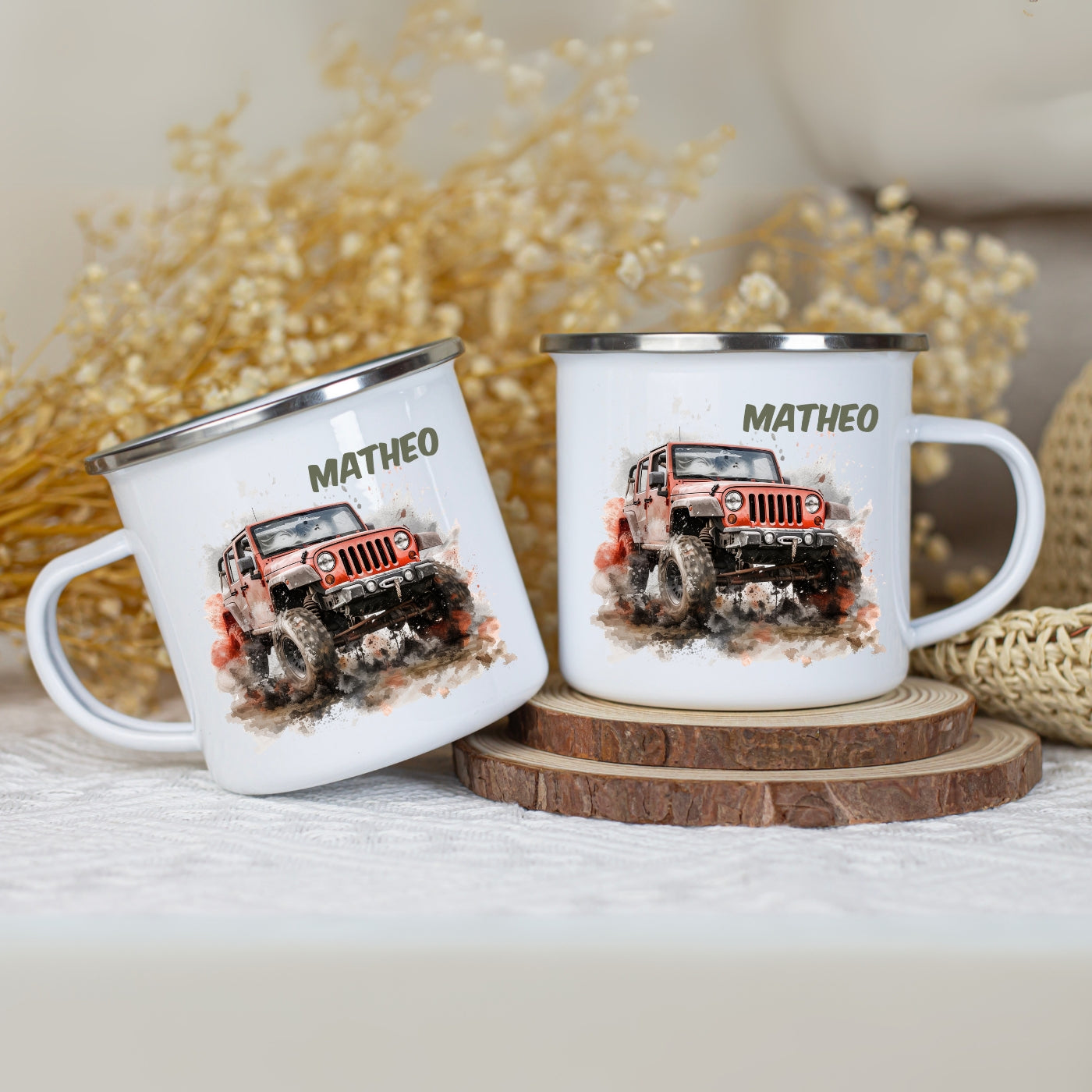 Emaille Tasse Autos personalisiert – Kindertasse mit Namen und Rennwagen