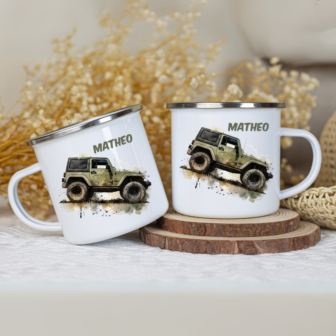 Emaille Tasse Autos personalisiert – Kindertasse mit Namen und Rennwagen