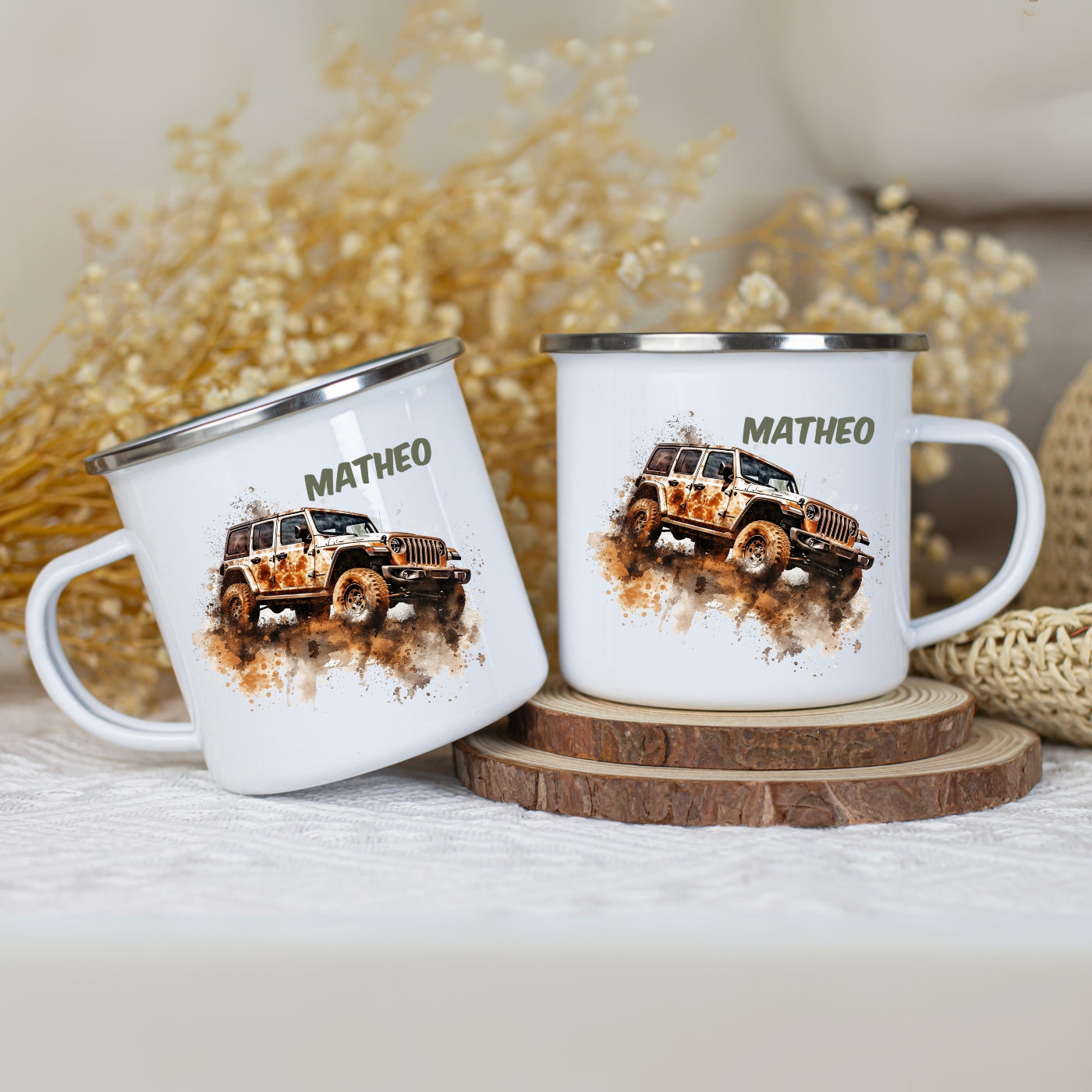 Emaille Tasse Autos personalisiert – Kindertasse mit Namen und Rennwagen