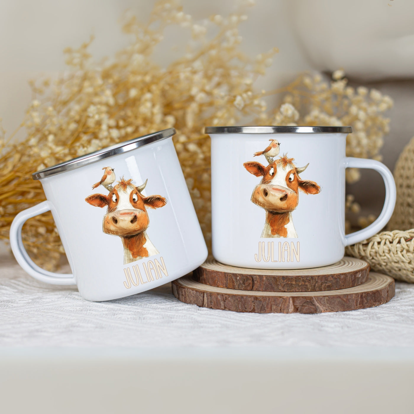 Emaille Tasse personalisiert – Kindertasse mit Namen und Tieren