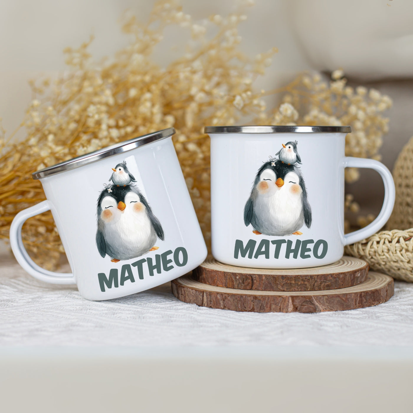 Emaille Tasse personalisiert – Kindertasse mit Namen und bunten Tiermotiven