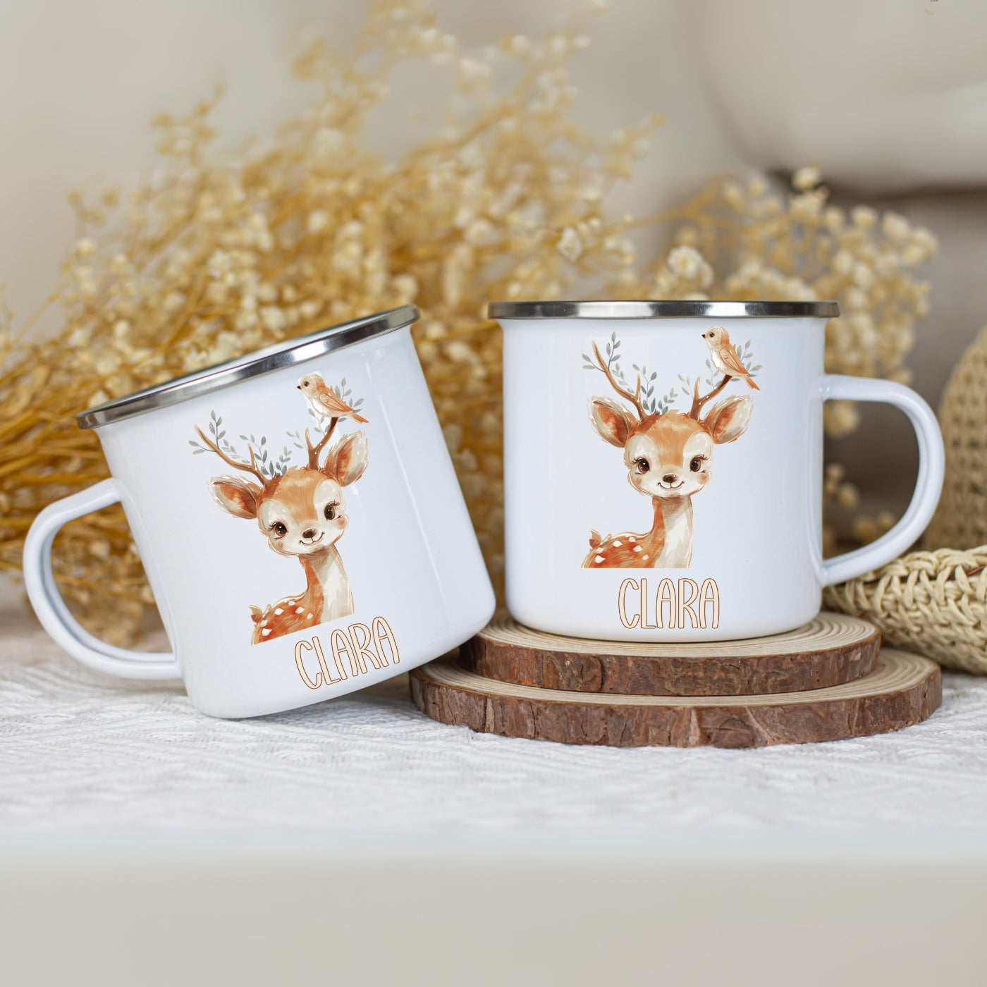 Emaille Tasse personalisiert – Kindertasse mit Namen und Tieren