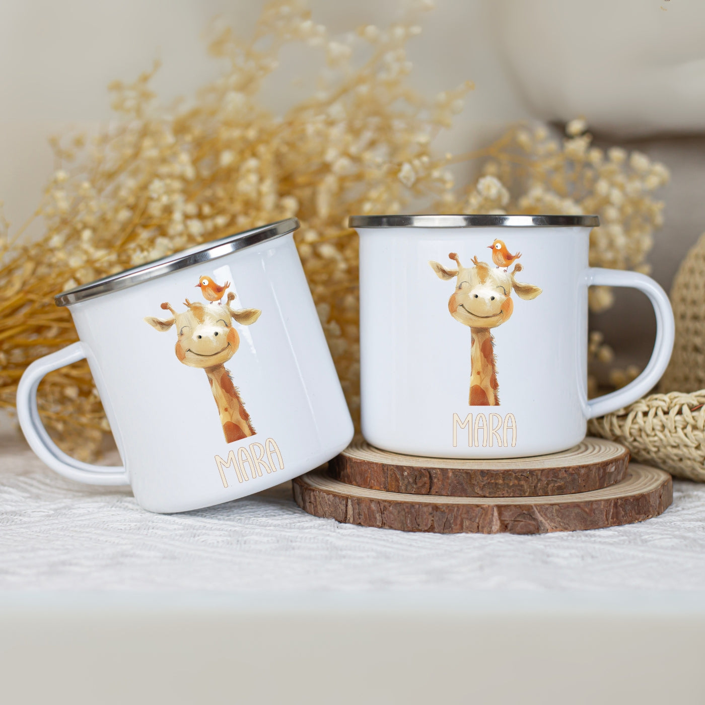 Emaille Tasse personalisiert – Kindertasse mit Namen und Tieren