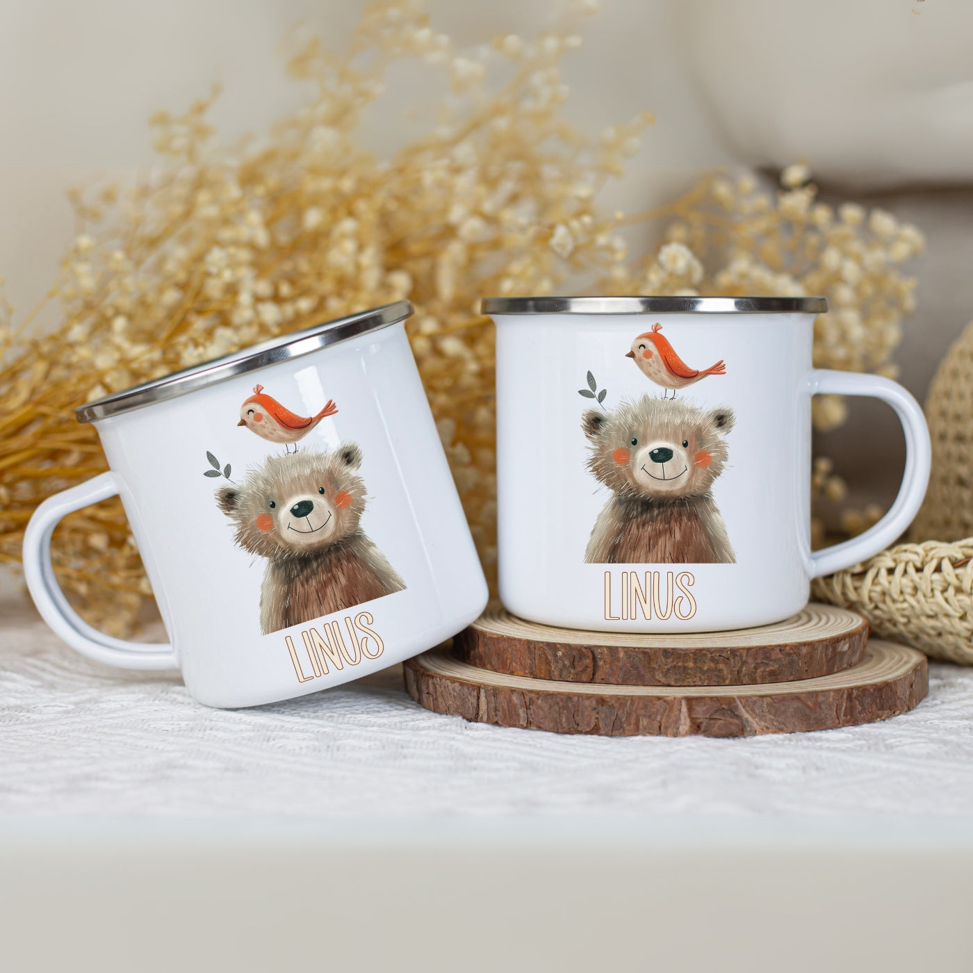 Emaille Tasse personalisiert – Kindertasse mit Namen und Tieren