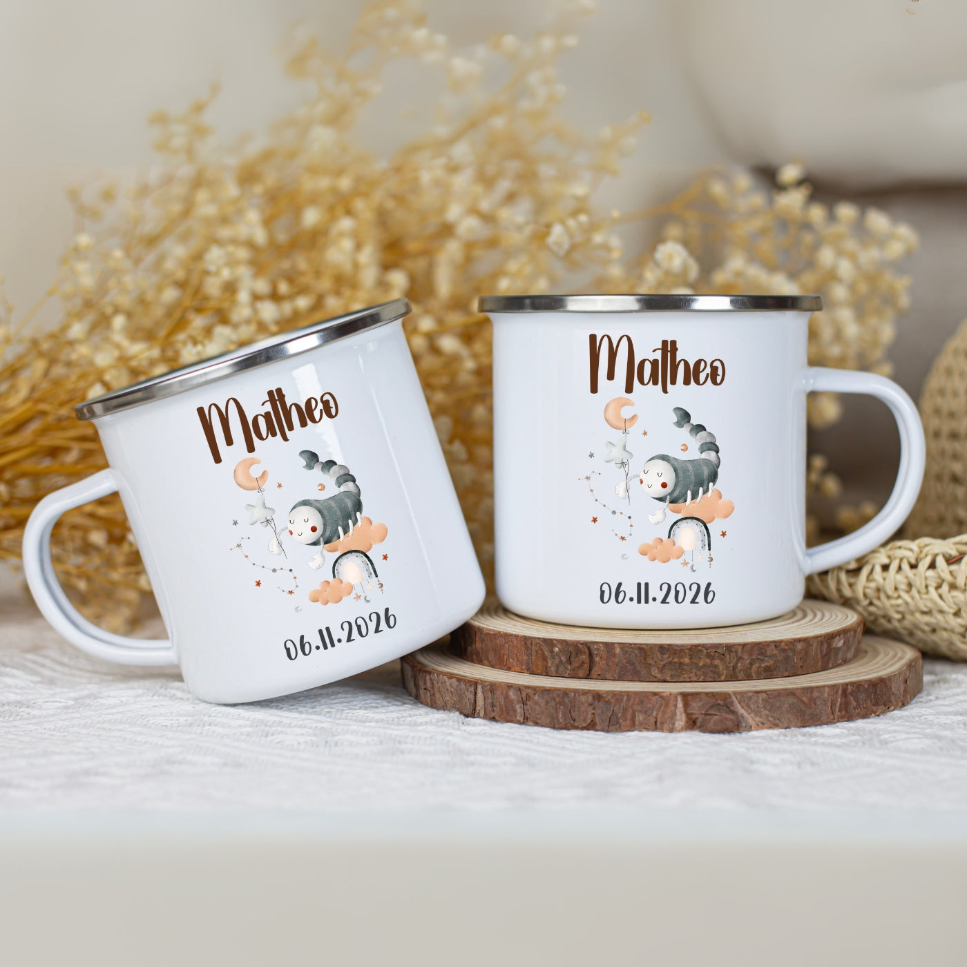 Emaille Tasse personalisiert – Sternzeichen Kindertasse mit Namen und Geburtsdatum – Bruchsicher