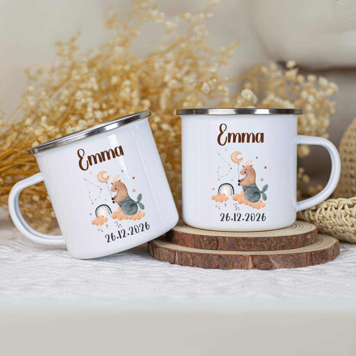 Emaille Tasse personalisiert – Sternzeichen Kindertasse mit Namen und Geburtsdatum – Bruchsicher